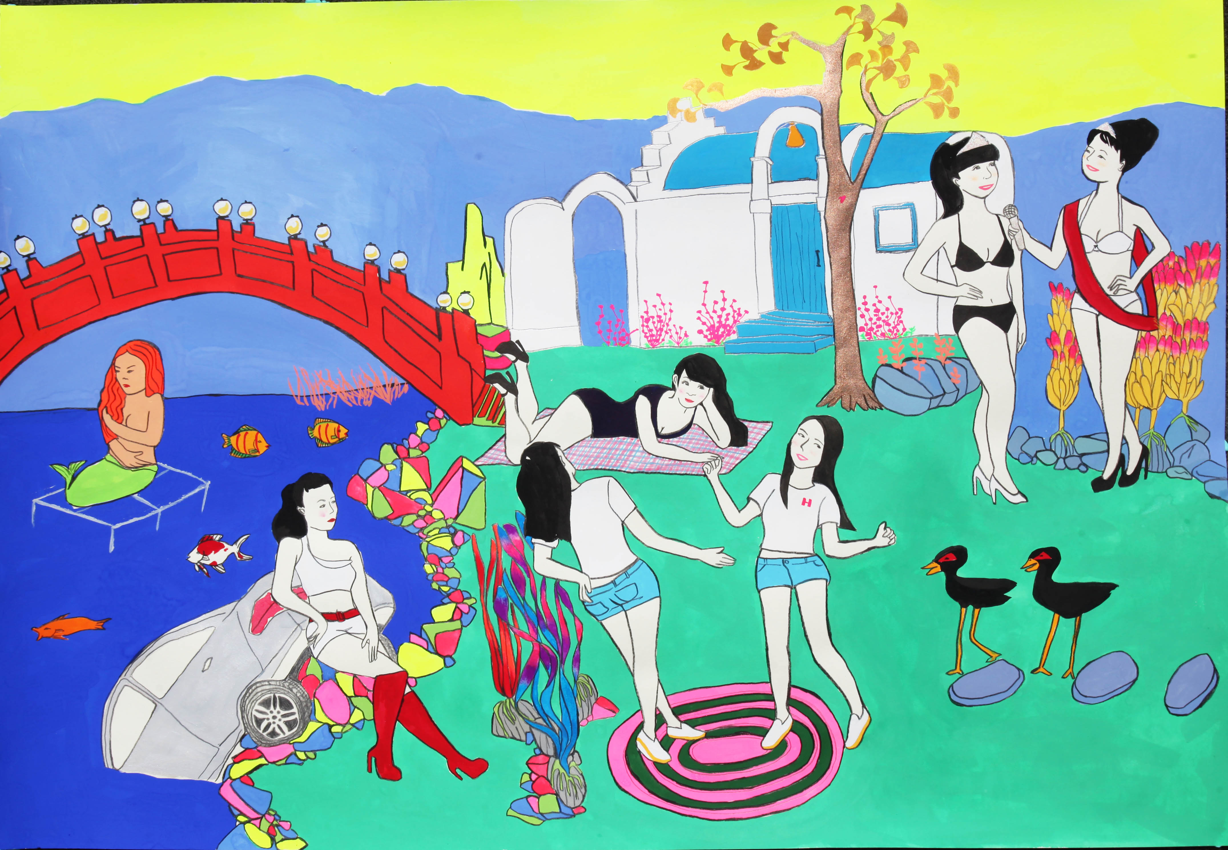 作品《蓬萊仙山辦事處》(2014,局部)從蓬萊仙山電視台《清涼內衣秀》節目發想。(倪瑞宏提供)