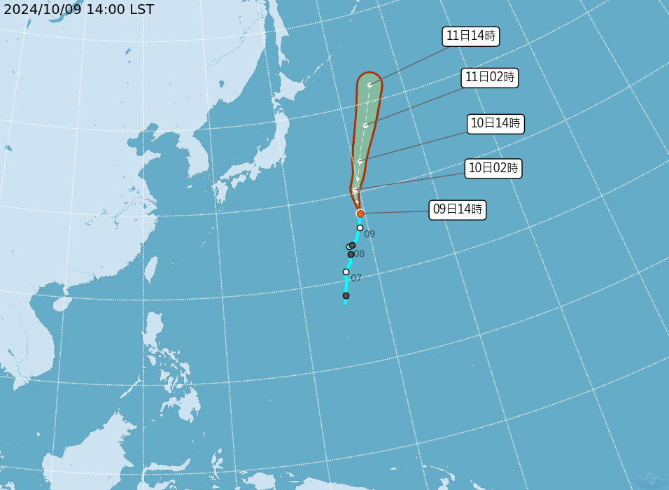  颱風「百里嘉」今天生成，其路徑將持續往北北東方向移動，對於台灣並無直接影響。（中央氣象署提供）