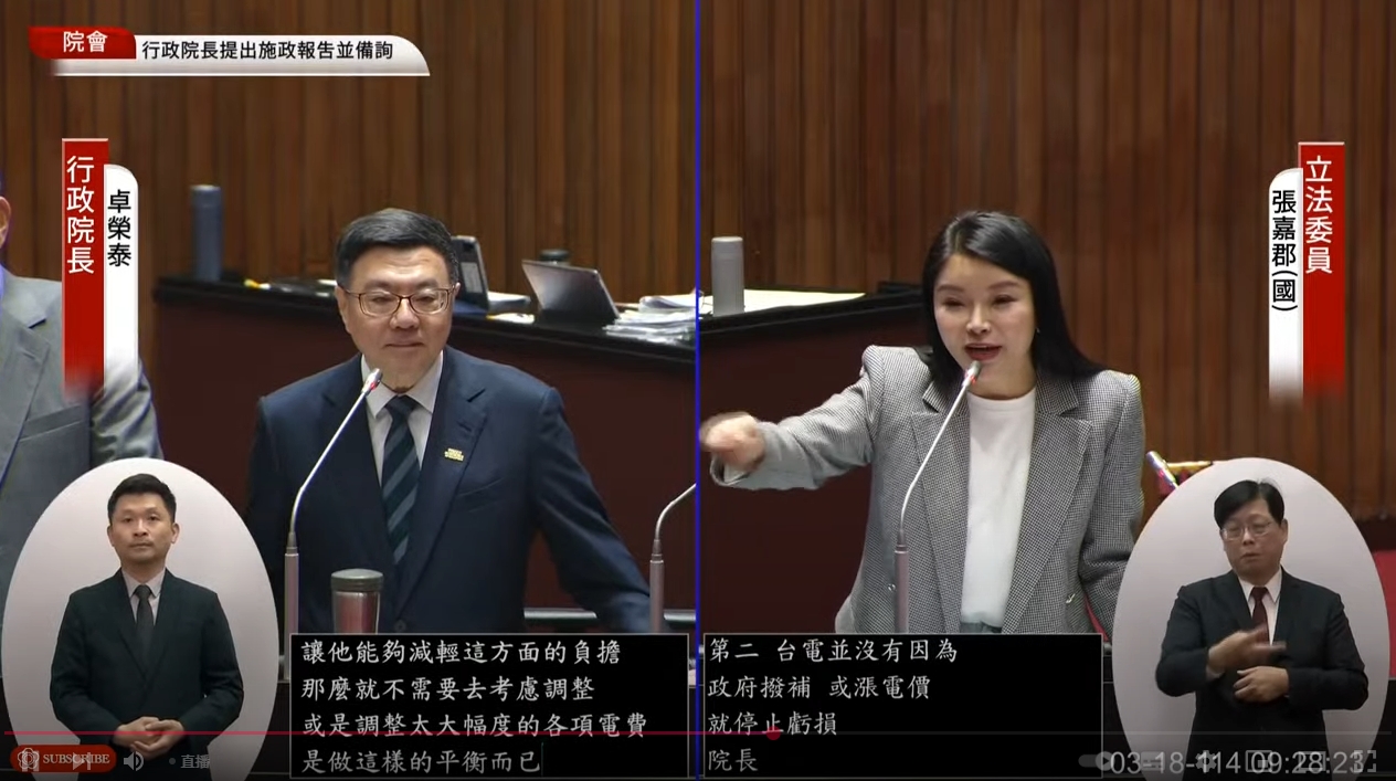 張嘉郡於質詢時強調水費電價調整議題。（翻攝自YouTube@國會頻道）