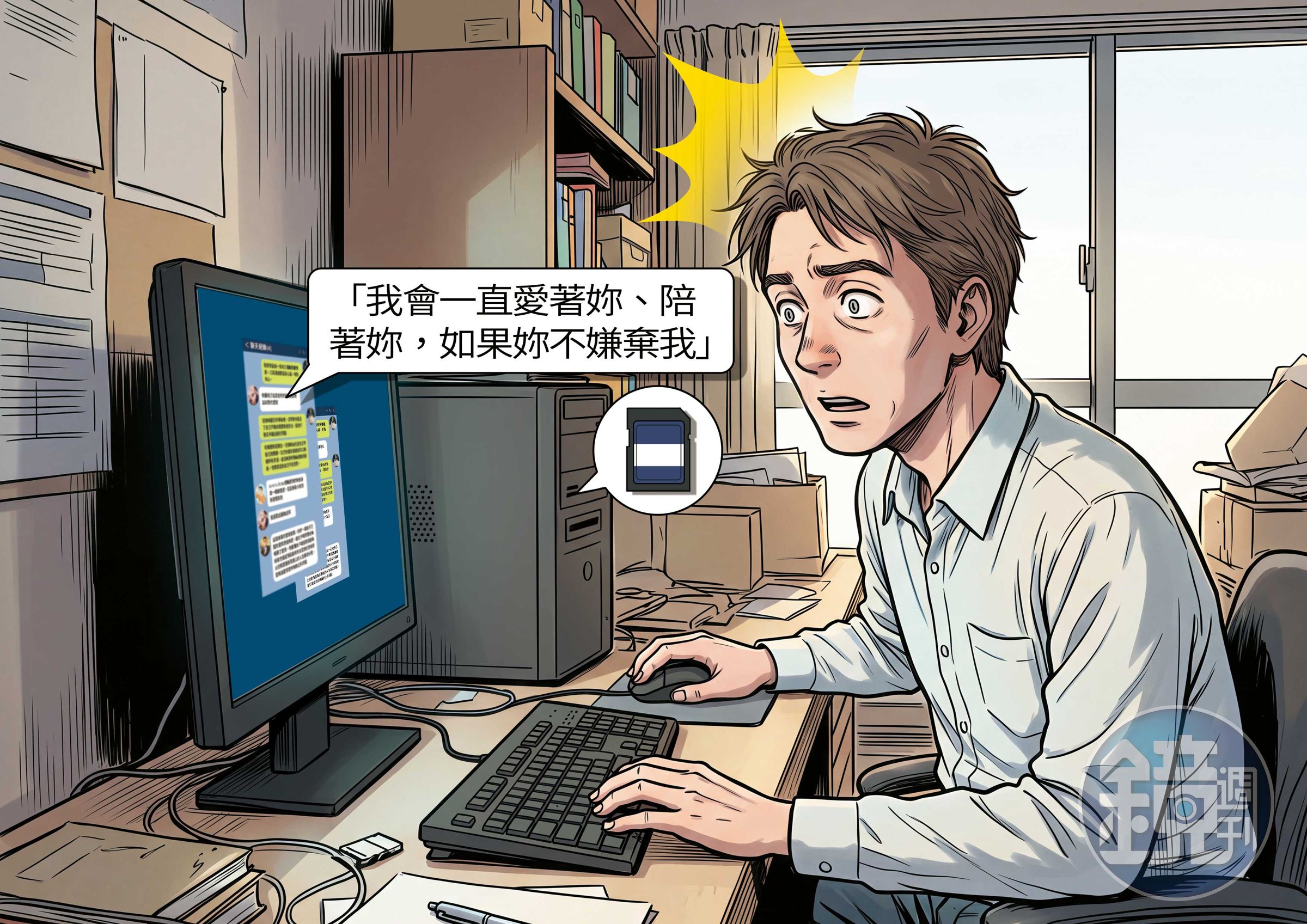 女護理師的丈夫(圖)透過記憶卡,意外發現妻子與陳言丞的不倫戀。(AI繪圖magnific生成,本刊美術組後製)