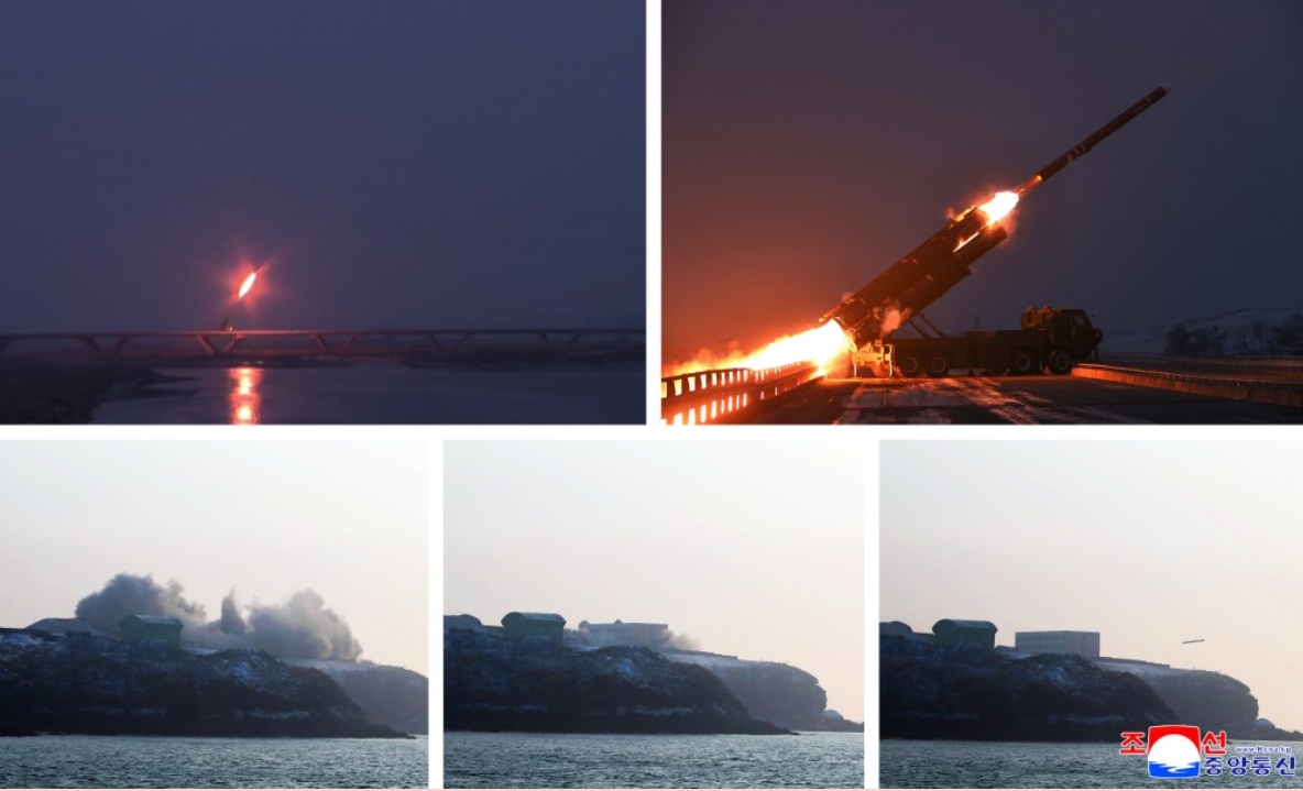 北韓今日宣布，遠程戰略巡航飛彈發射訓練於昨日在北韓西海海上進行。（翻攝自朝中社）
