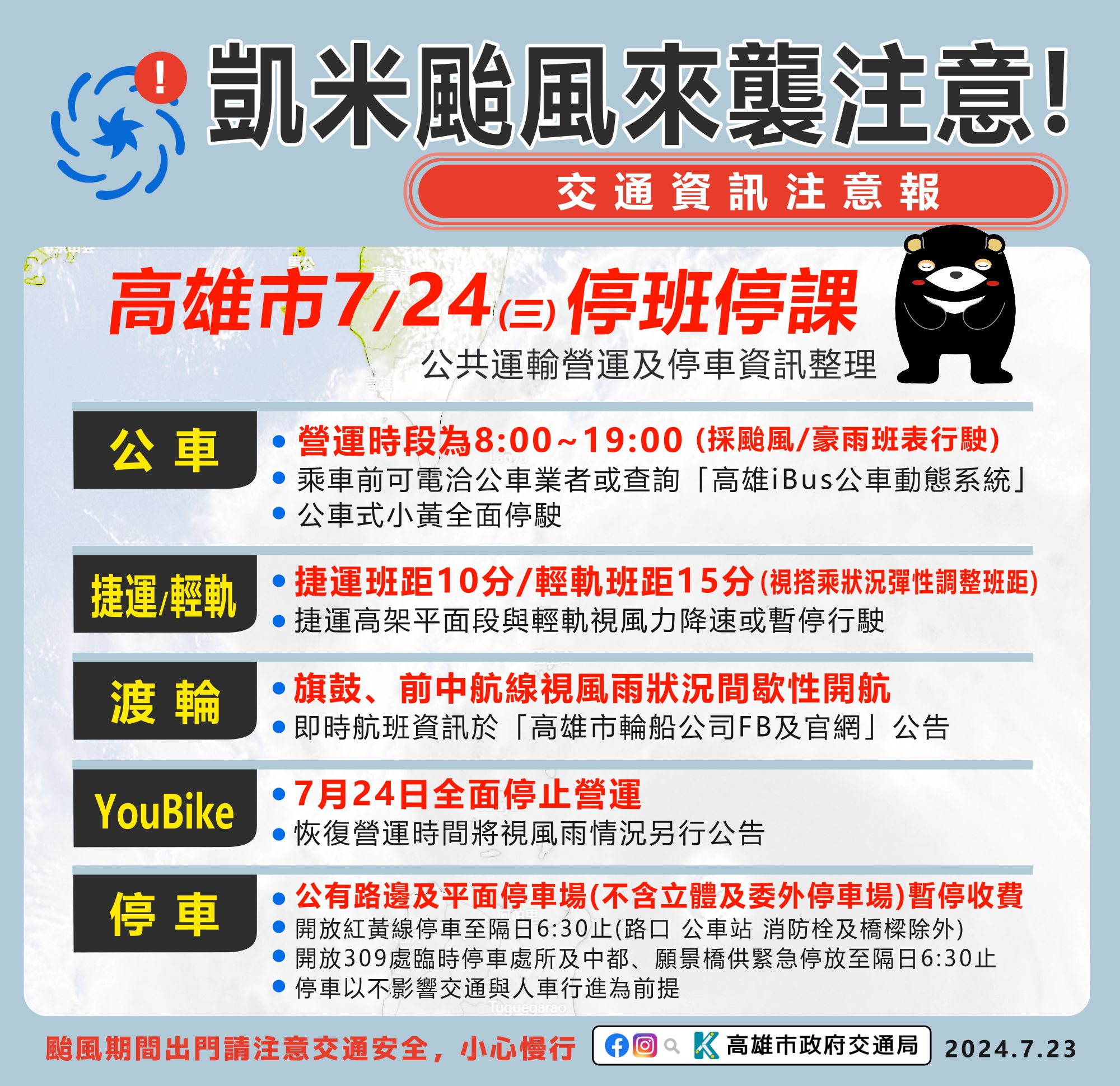 因應颱風，高雄市今日針對各項交通工具進行管制措施。（翻攝自高雄市政府交通局臉書）