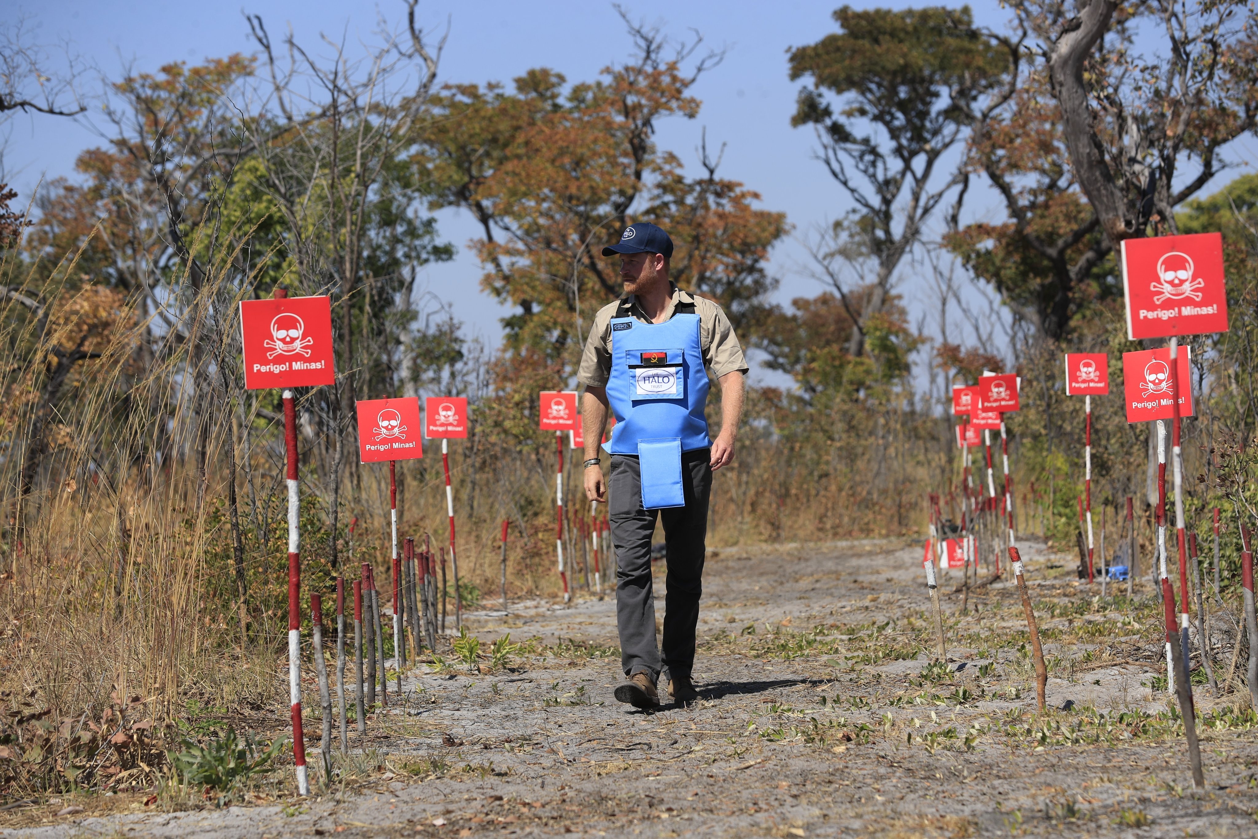 哈利王子穿著防護裝備，獨自走入安哥拉地雷區間的安全通道。（翻攝X@TheHALOTrust）
