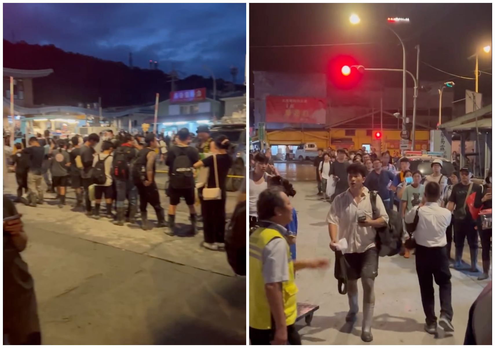 許多救災志工忙完一天，在車站外排隊等回家。（翻攝Threads／@_chen.127_）