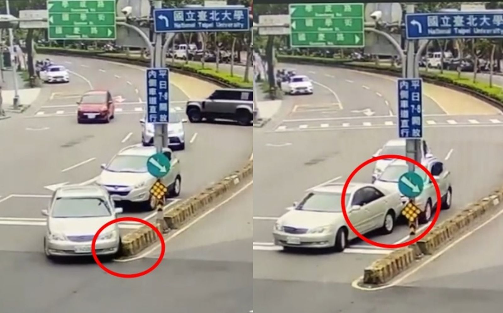 監視器拍下肇事車輛加速衝入國成街前一刻於路口停等紅燈畫面,當時綠燈起步撞到了分隔島,後又倒車「推撞」後車。(翻攝自threads @qq.amos)