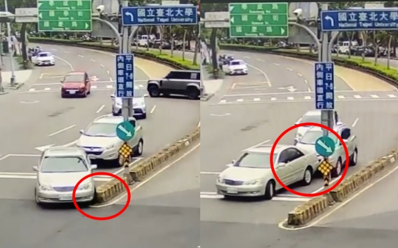 該肇事駕駛在撞死人前1分鐘於路口等紅綠燈前撞到分隔島，後又倒車「推撞」後車，最後加速離開現場。（翻攝自threads @qq.amos）