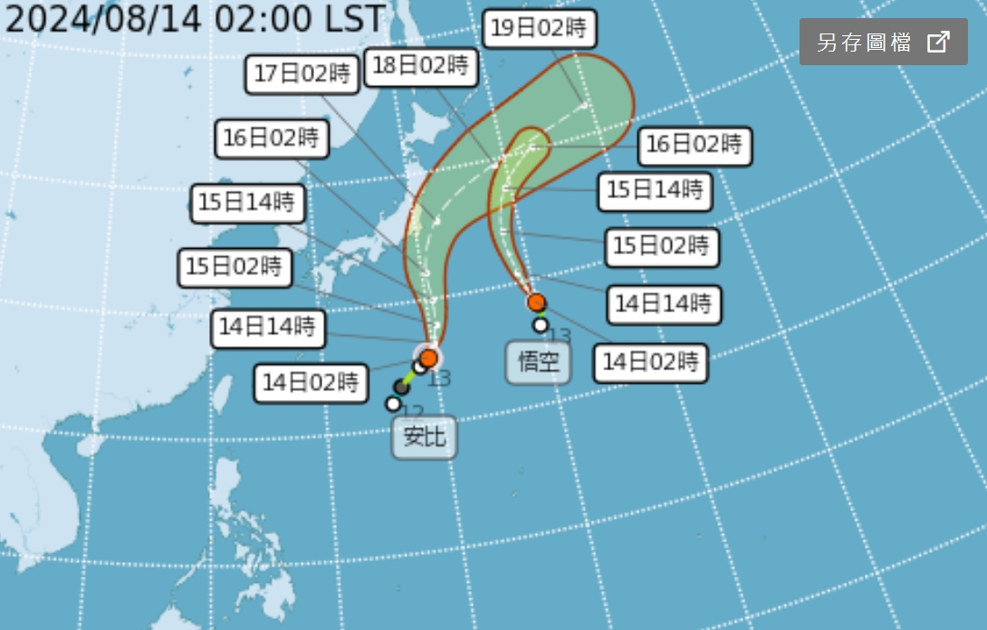 近日台灣多為高溫、午後有雨的情況，連日生成的颱風路徑預計都朝向日本，對台灣都不會有直接影響。（翻攝自中央氣象署）