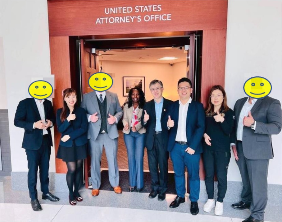 美方通報台灣司法單位進行雙方合作打詐，中檢指認檢察官張富鈞（右三）至美國開打詐會議。（中檢提供）