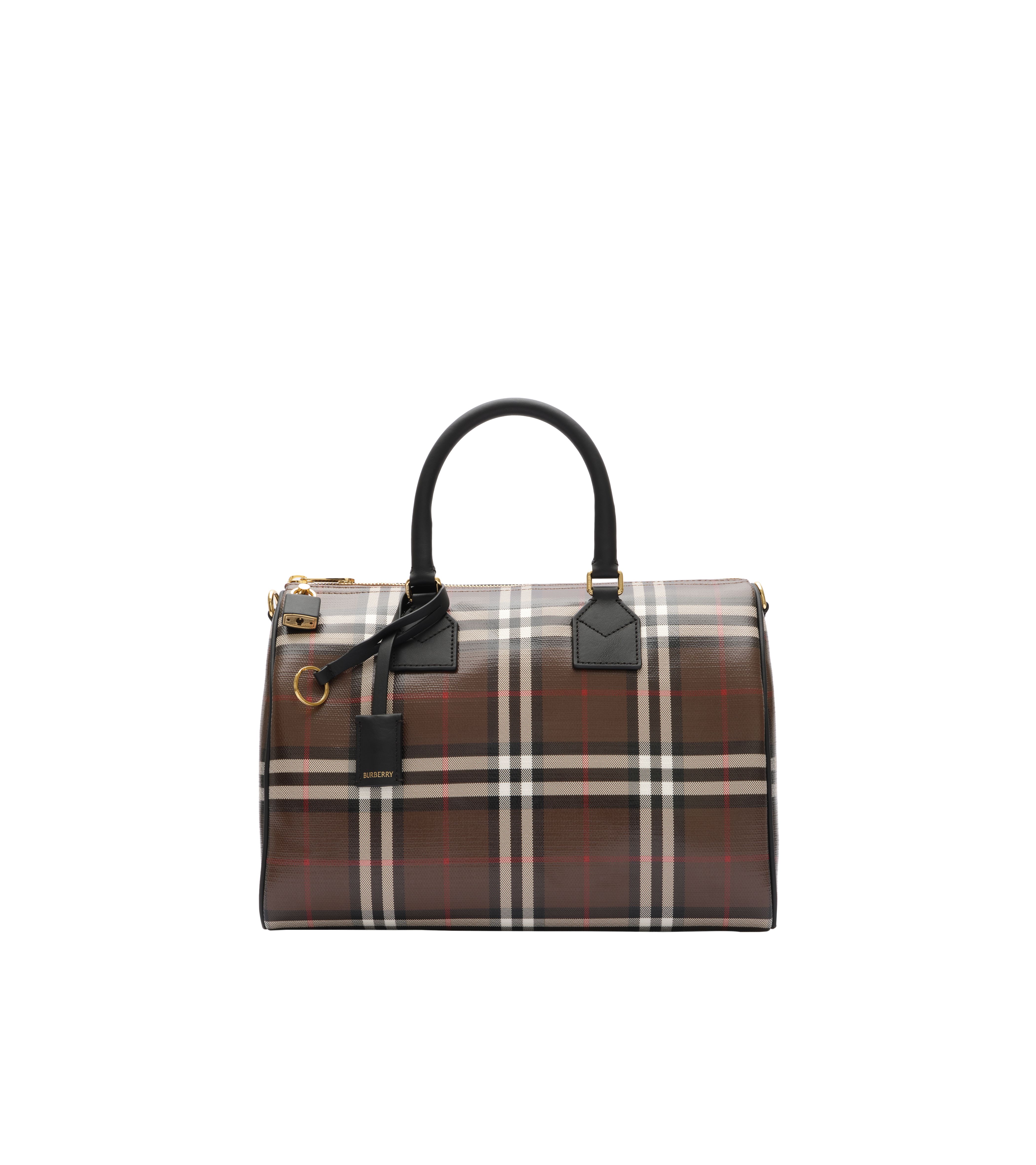 巧克力棕中型格紋保齡球包。NT$59,000(BURBERRY提供)