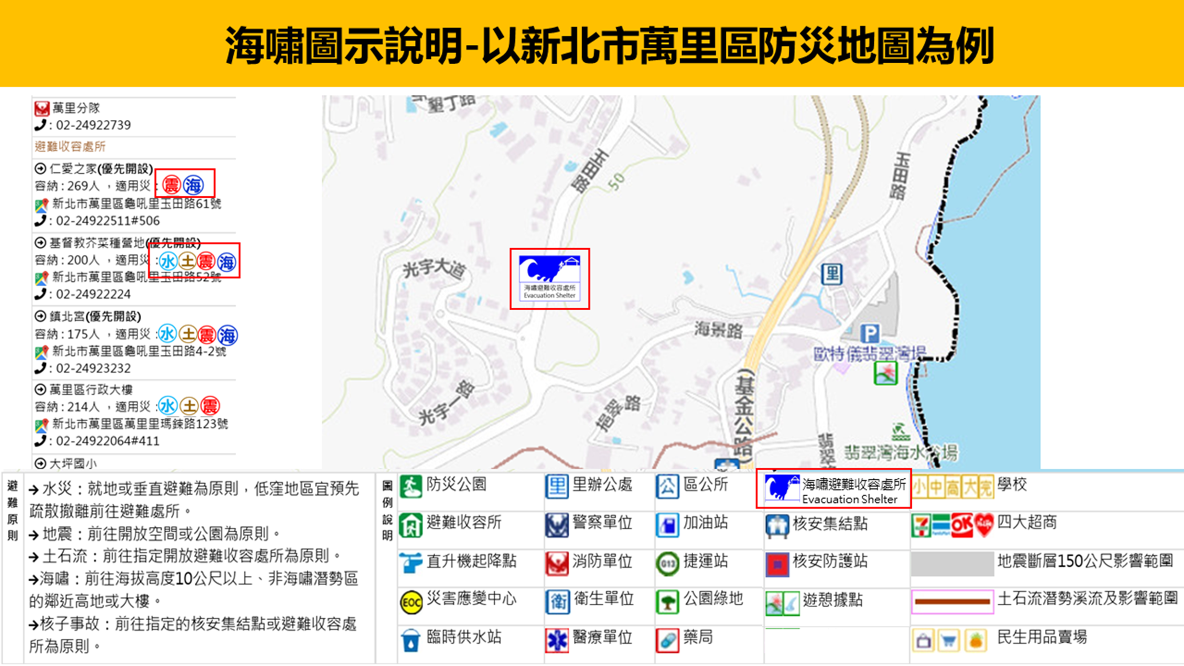 民眾可在「全民防災e點通」和「消防防災」APP查詢當地海嘯避難場所。（內政部提供）
