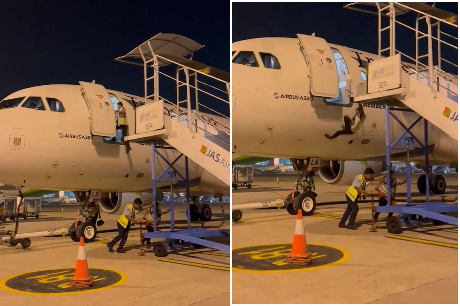 遇上豬隊友！同事默默把飛機舷梯移走，地勤踩空重摔在地。（翻自X平台）