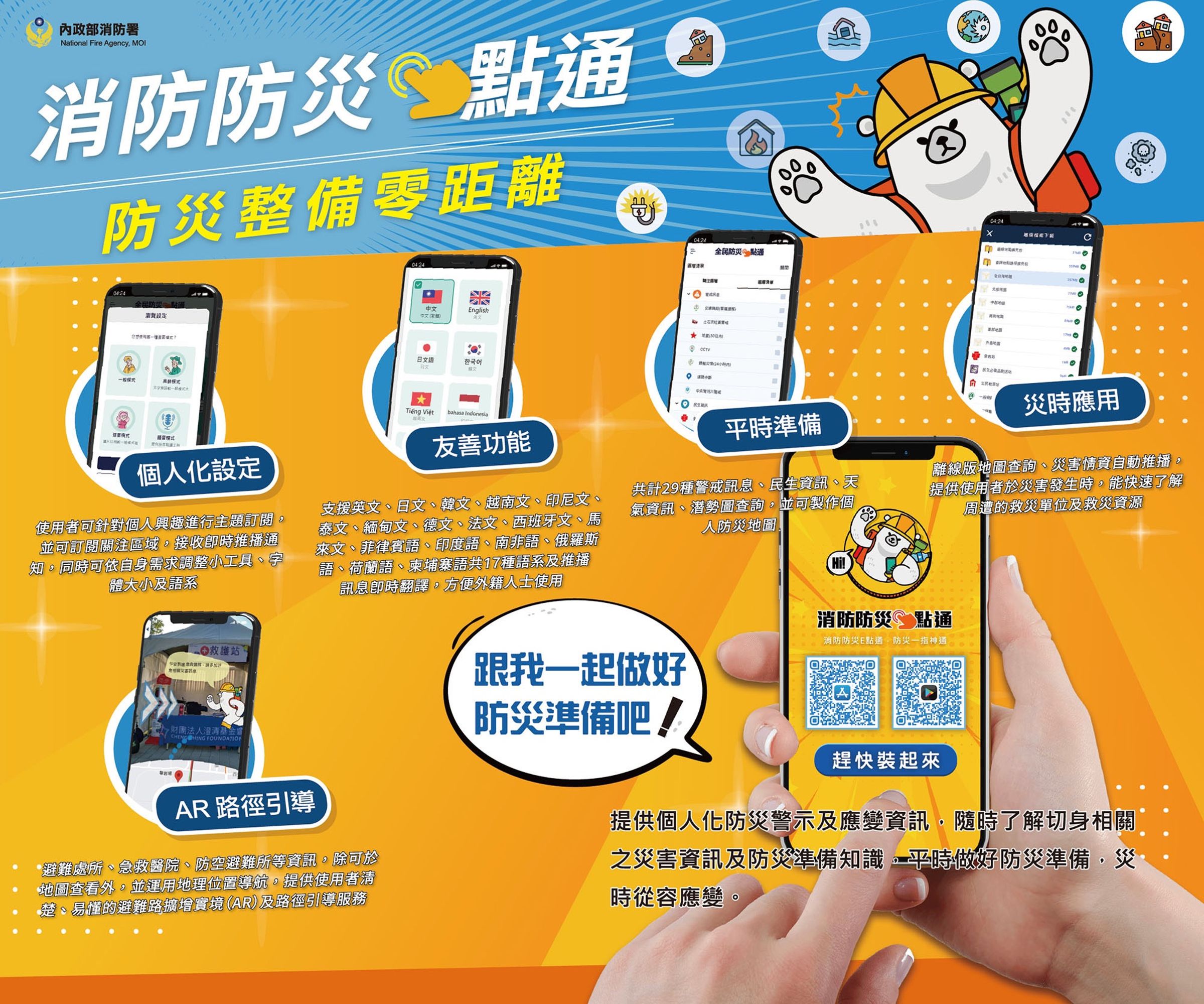 民眾可提前下載消防防災e點通APP,即時掌握颱風、豪雨、地震等各類防災資訊。(消防署提供)