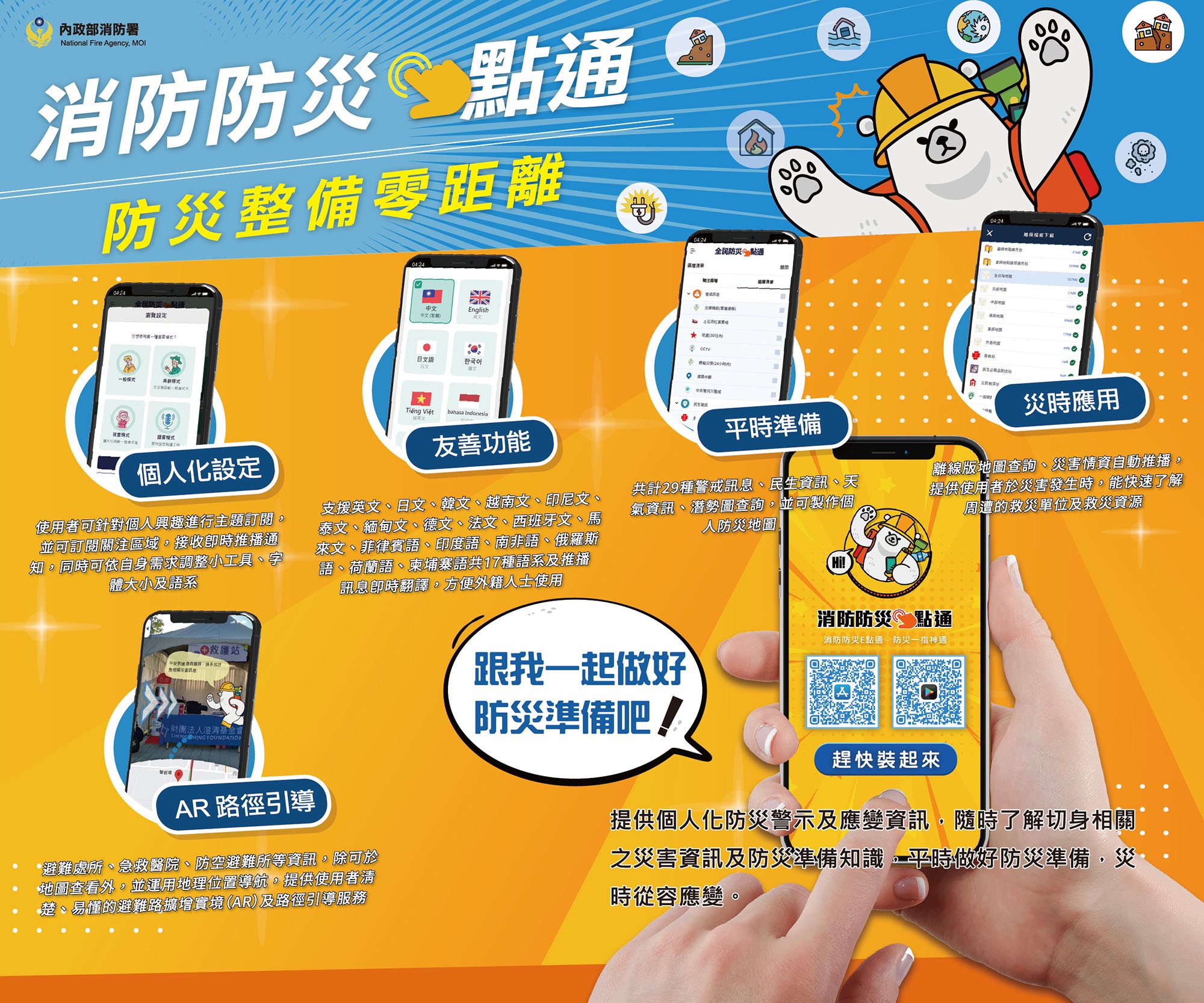 民眾可提前下載消防防災e點通APP，即時掌握颱風、豪雨、地震等各類防災資訊。（消防署提供）
