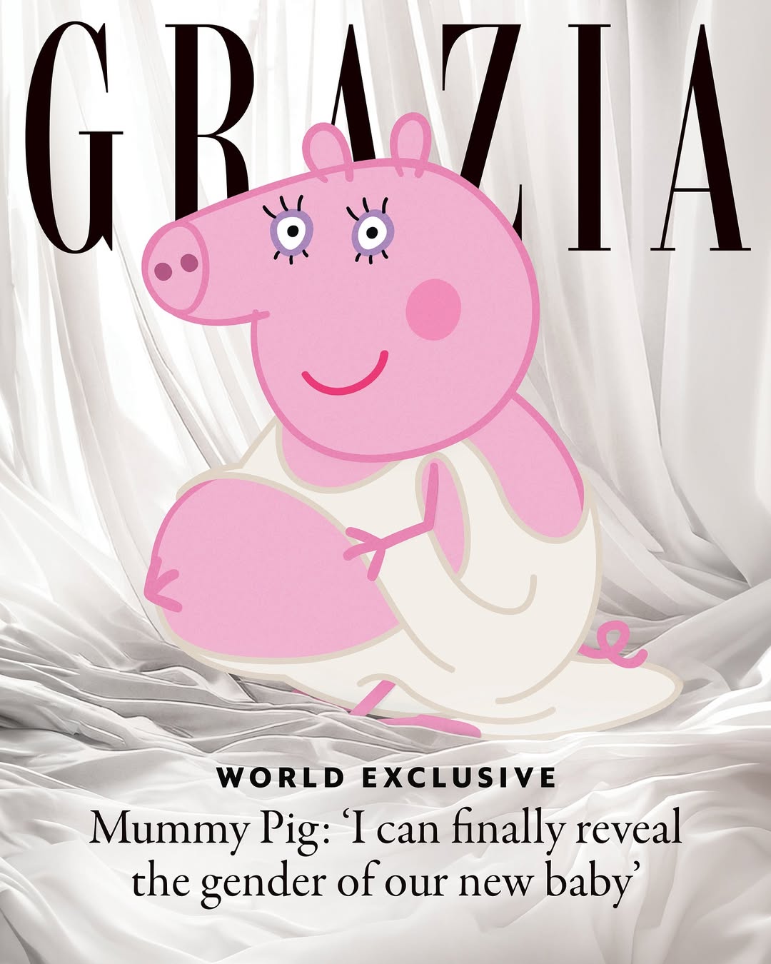 豬媽媽登上《Grazia》雜誌封面，穿白色洋裝露出孕肚，超級時尚。（翻攝graziauk IG）
