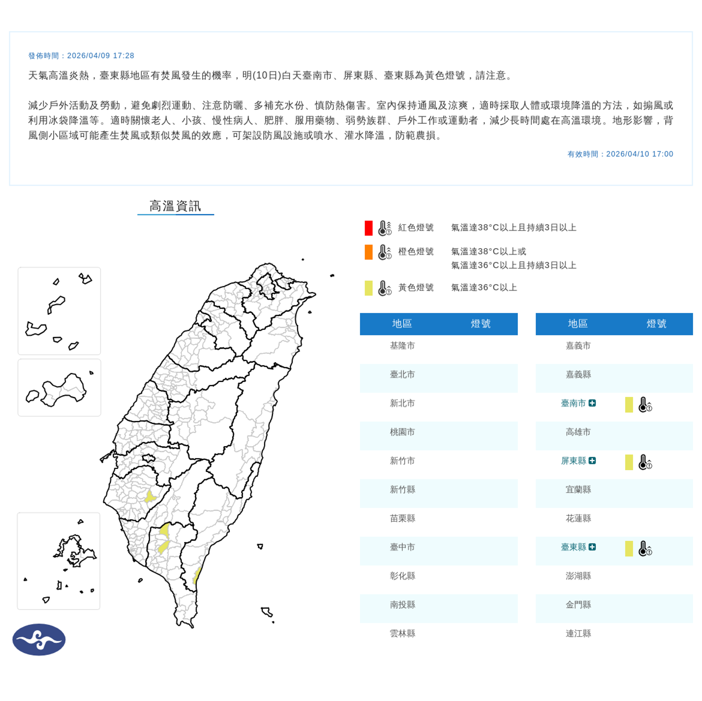 中央氣象署也發布高溫資訊,台南市、屏東縣及台東縣列為黃色燈號。(中央氣象署提供)