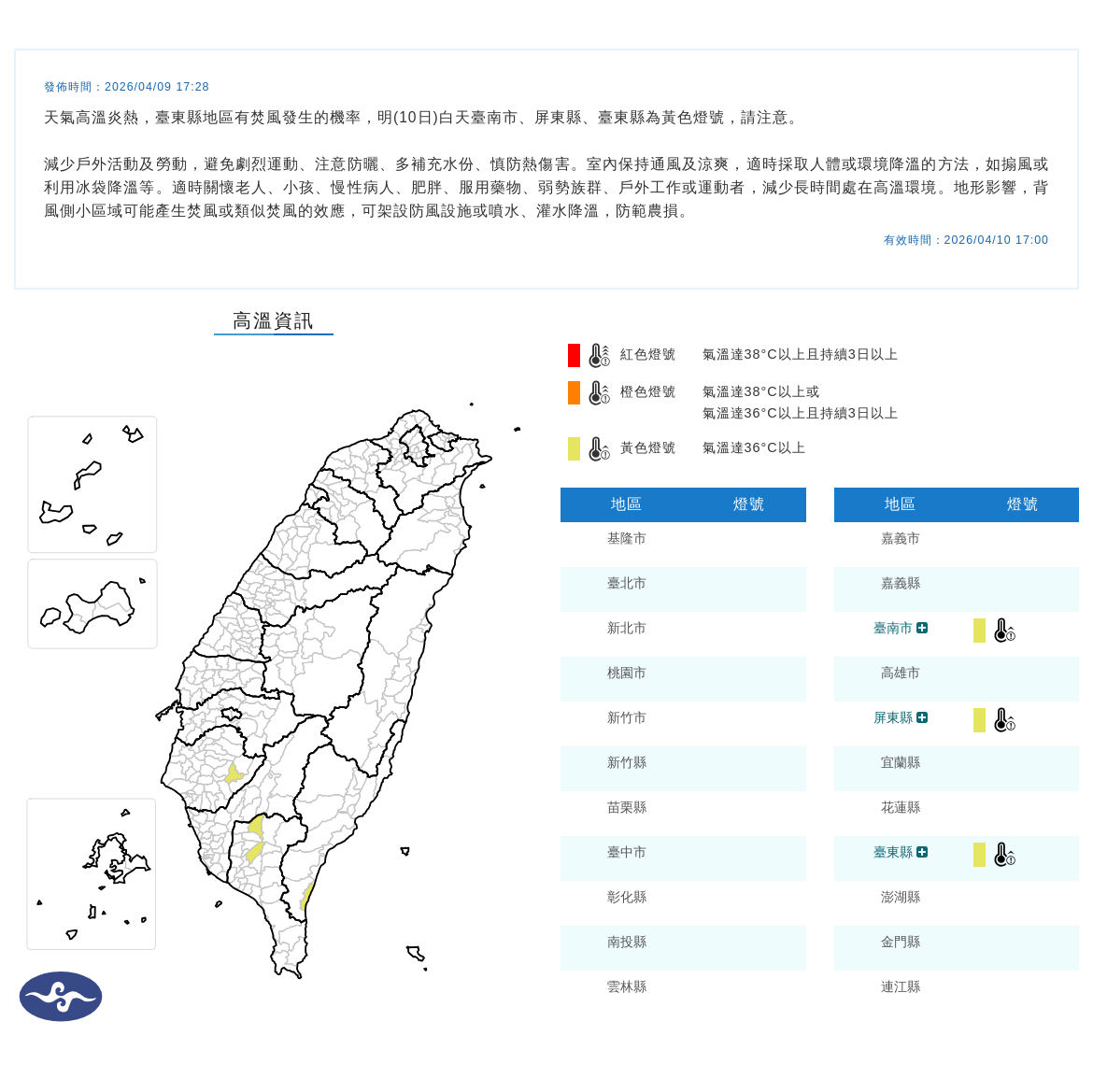 中央氣象署也發布高溫資訊，台南市、屏東縣及台東縣列為黃色燈號。（中央氣象署提供）