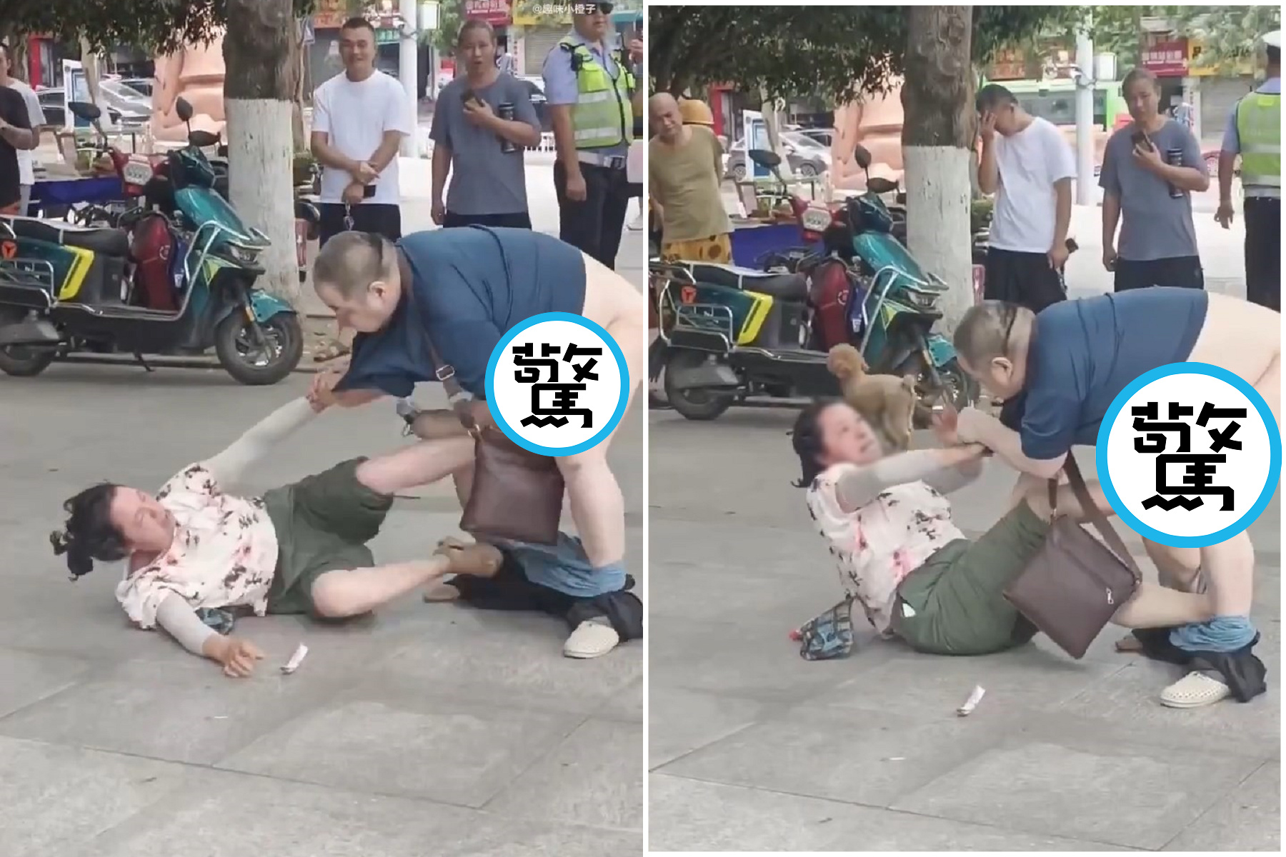 中國大媽太猛！對決胖大叔用必殺技，狂踢下體讓他輸到脫褲。（翻自X平台）