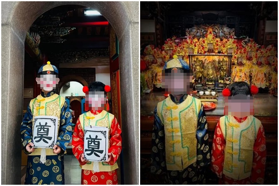 台中一名潘姓人母將兒女打扮成金童玉女，但孩子因手捧「奠」字燈籠於萬和宮媽祖廟拍照，引發爭議。（翻攝自臉書社團「爆廢公社二館」）