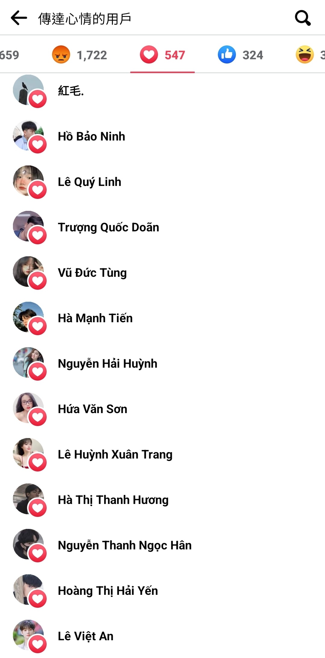 給賀龍臉書貼文按「愛心」的，清一色是越南人帳號。（翻攝賀瓏臉書）