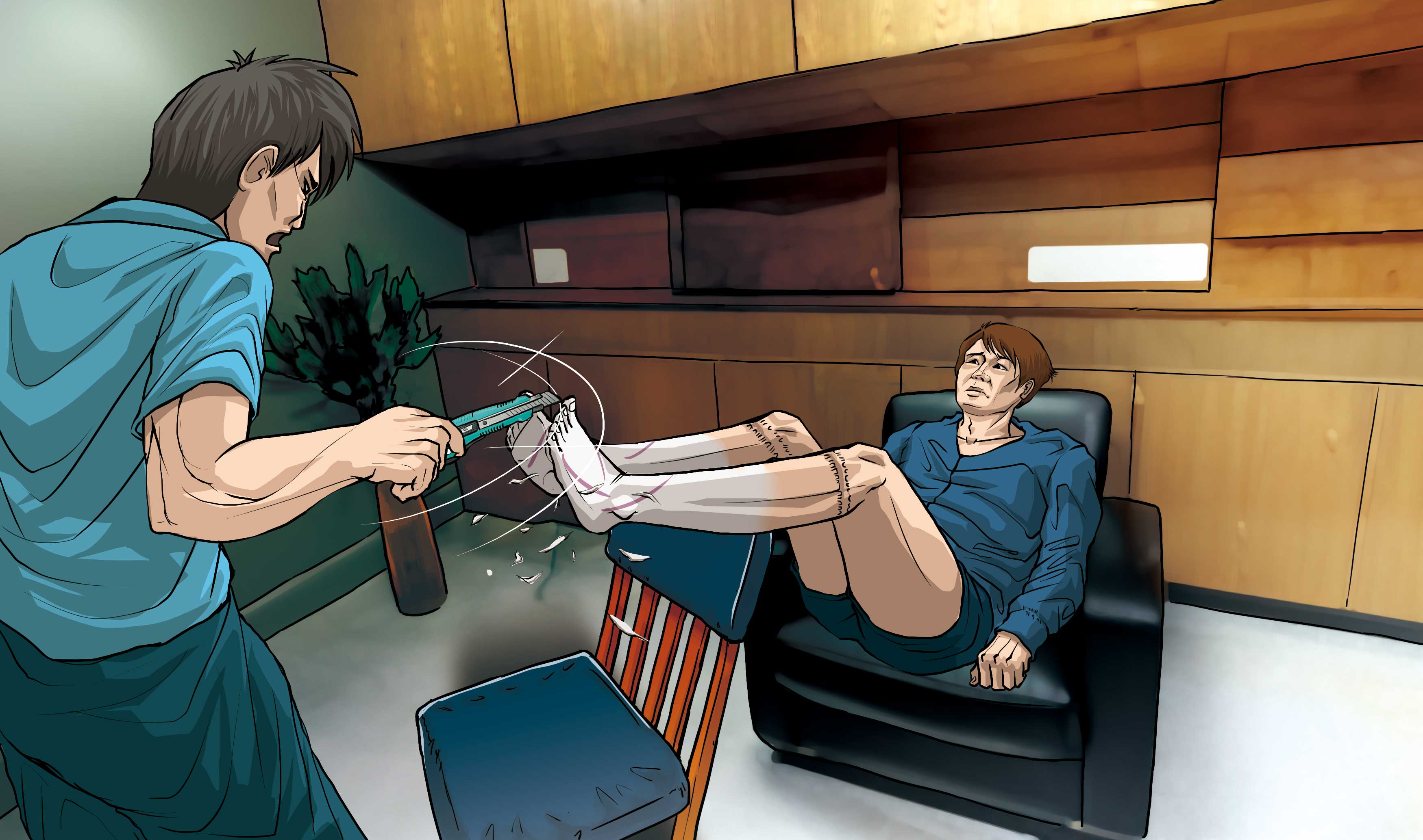 廖男（左）用刀刮張男（右）被凍成慘白的雙腳，確認張是否還有感覺。