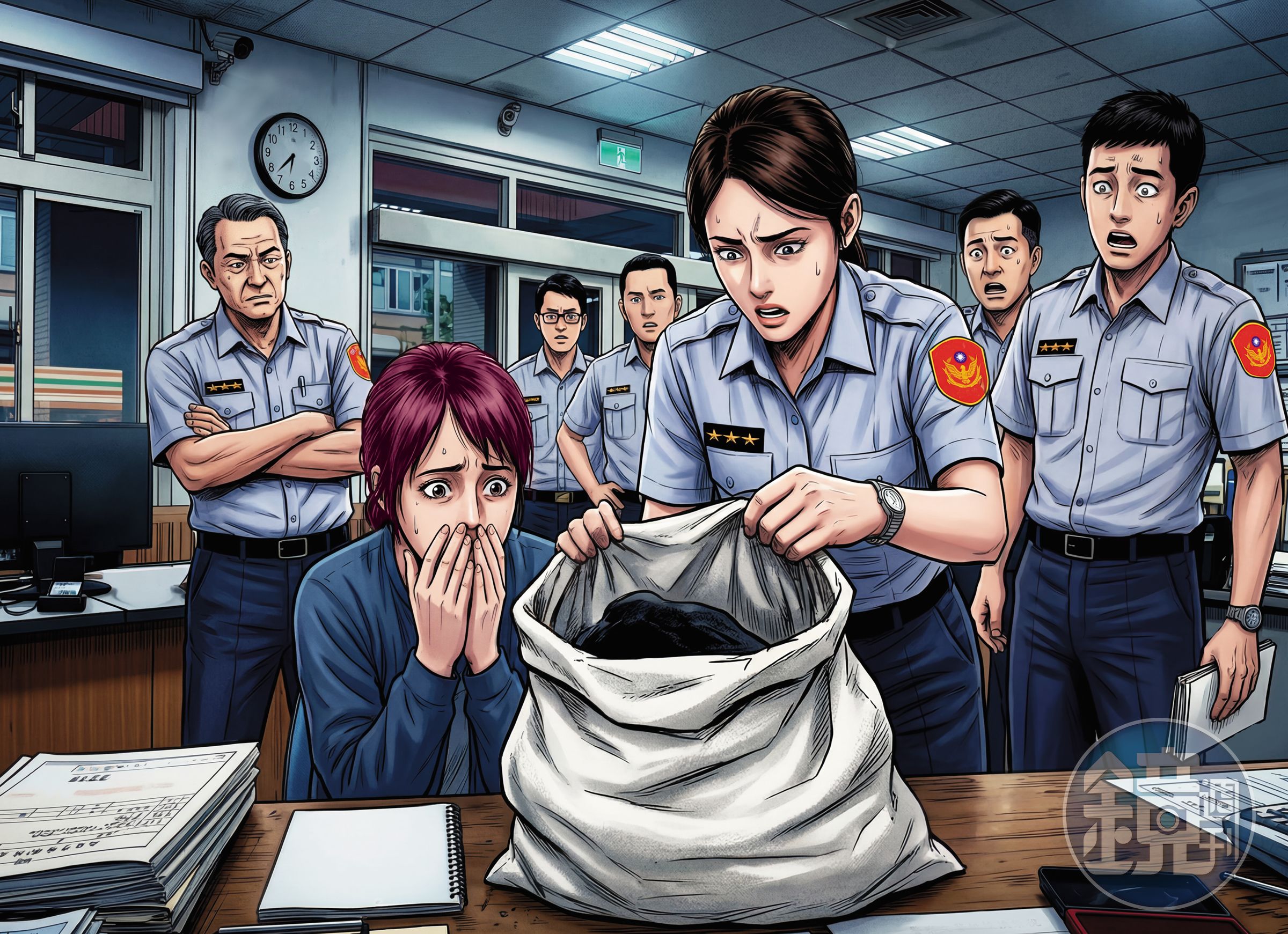 陳女把麻布袋拿到派出所,由值班女警打開袋子,發現竟是母親頭顱,才讓這起駭人分屍案曝光。(AI繪圖magnific生成,本刊美術組後製)