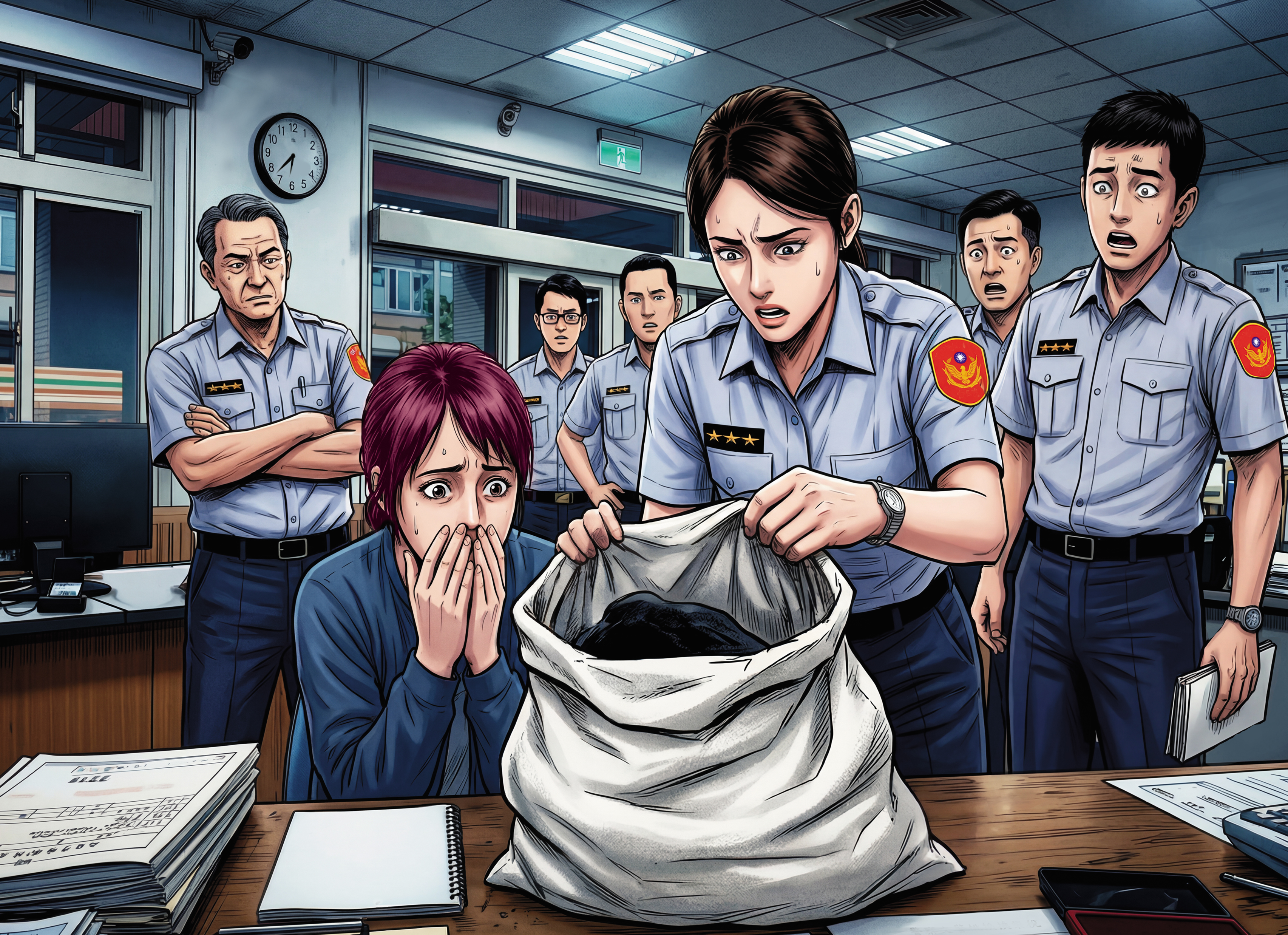 陳女把麻布袋拿到派出所，由值班女警打開袋子，發現竟是母親頭顱，才讓這起駭人分屍案曝光。（AI繪圖magnific生成，本刊美術組後製）