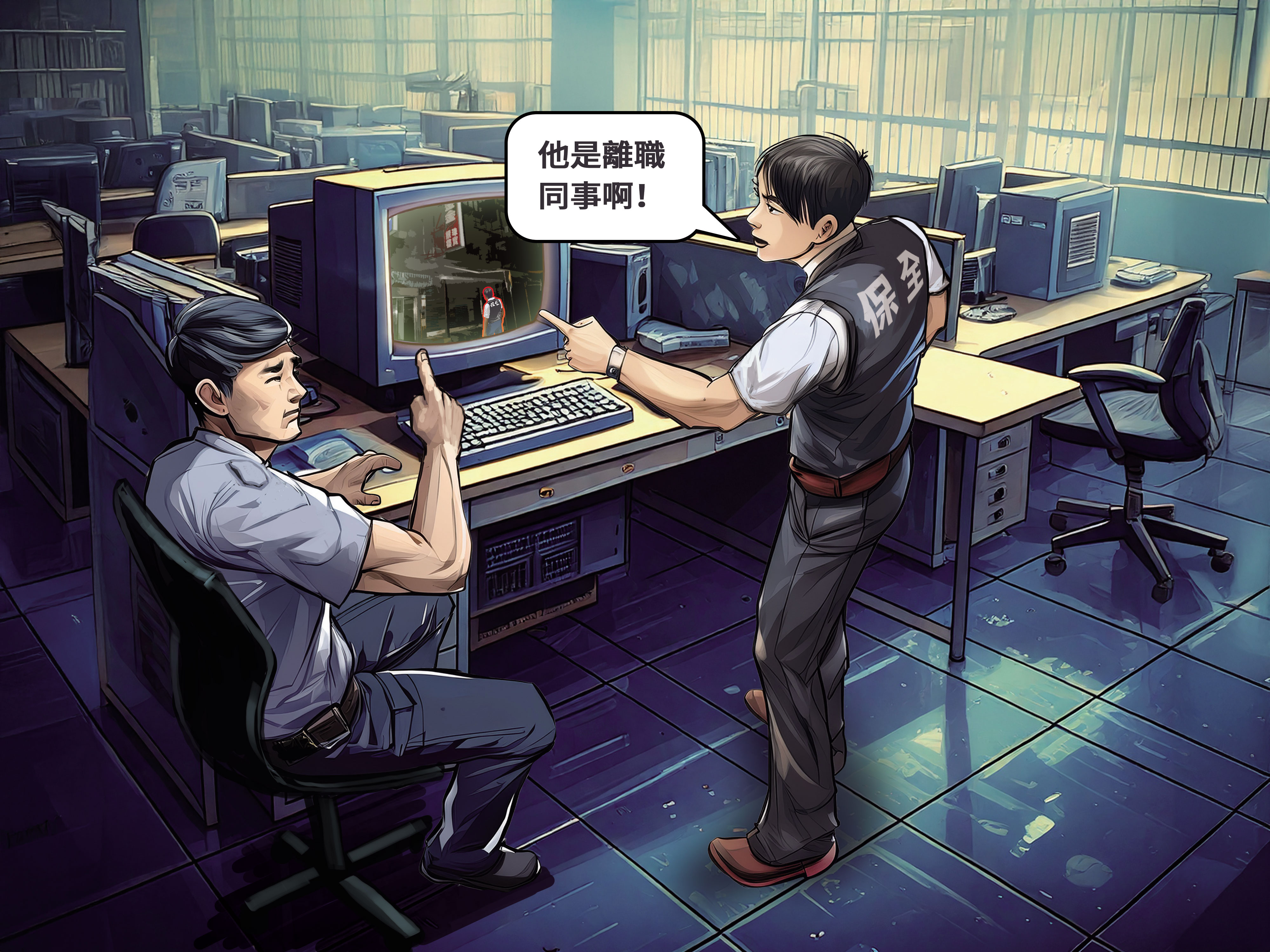 保全公司透過監視器畫面，確認嫌犯是去年離職的林姓保全。（示意畫面，AI繪圖Firefly生成，本刊美術組後製）