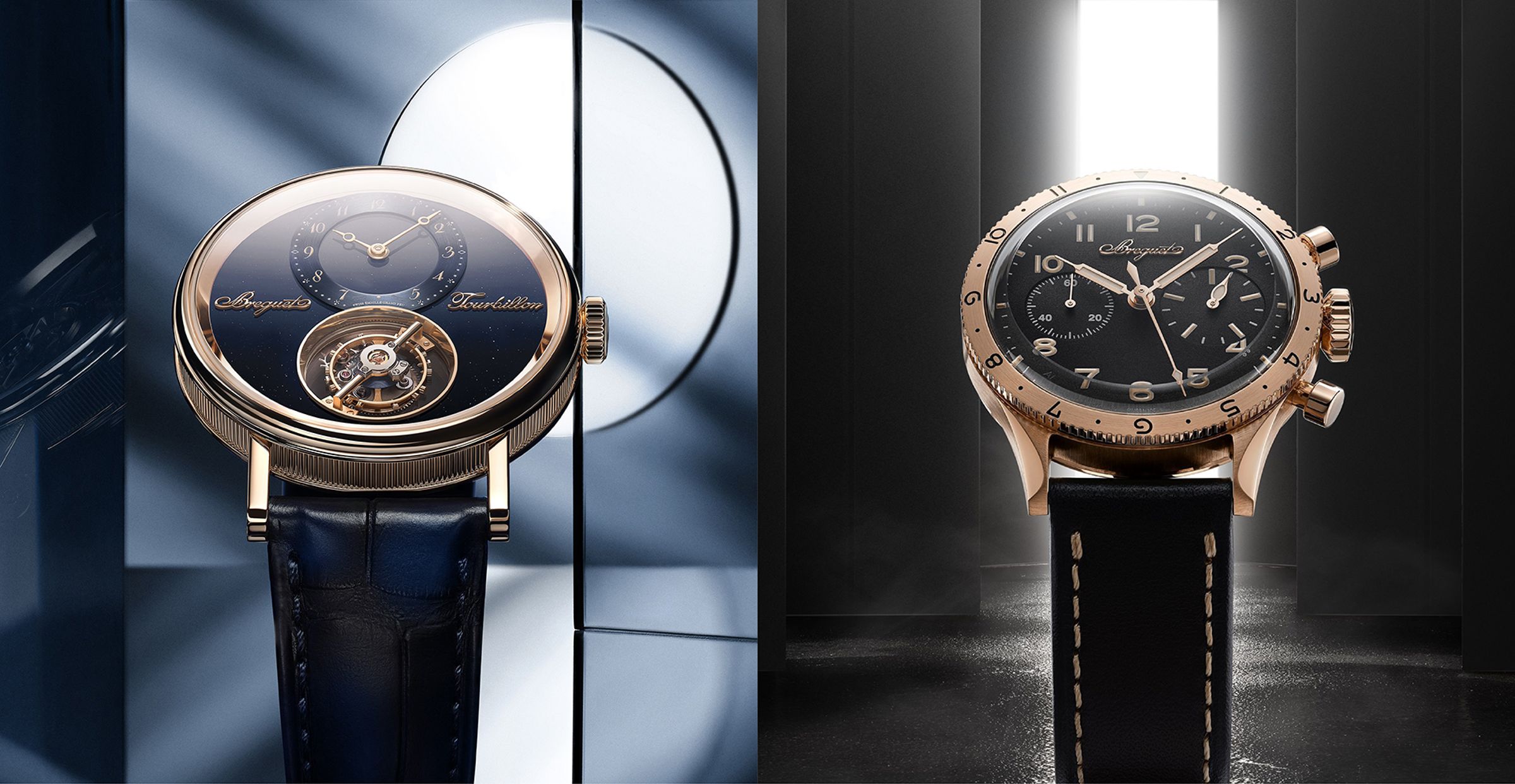 圖說 (左):Classique Tourbillon Sidéral 7255是寶璣首款飛行陀飛輪,還結合神秘陀飛輪結構,帶來讓人目眩神迷的視覺。 圖說(右):Type XX Chronographe 2075換上寶璣金材質之外,還講述一段20世紀中寶璣與航空飛行的深厚淵源。