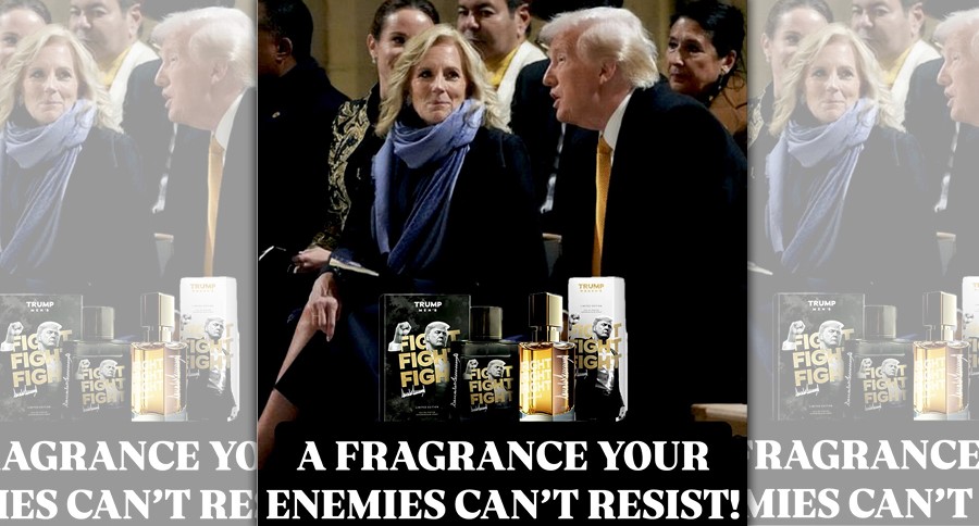 川普在巴黎聖母院重新開幕的典禮上，與美國第一夫人吉兒．拜登的合照被拿來宣傳他的新香水。（翻攝Truth Social @realDonaldTrump）