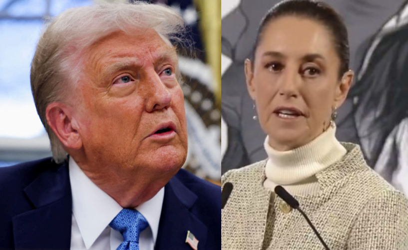 川普證實談判結果，已與墨西哥總統薛恩鮑姆（右）達成協議，對墨西哥的關稅措施將暫緩1個月。（翻攝自X @Occupy Democrats / @Claudia Sheinbaum Pardo）