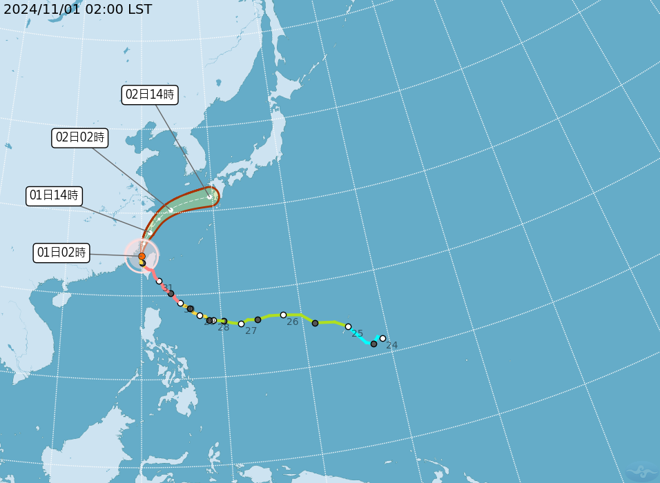 輕度颱風康芮1日早晨6時中心位於北緯26.2度、東經120.7度，即在馬祖東方約80公里處。（中央氣象署提供）
