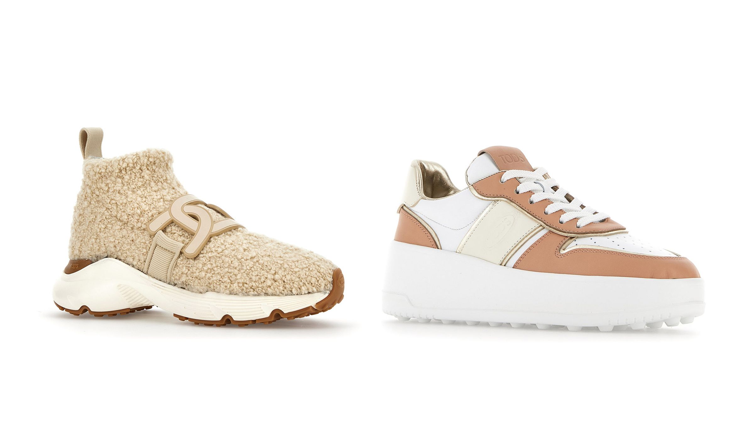 (左) TOD'S Kate羊毛襪套式休閒鞋 NT$34,300,(右) TOD'S拼接材質休閒鞋 NT$29,500。