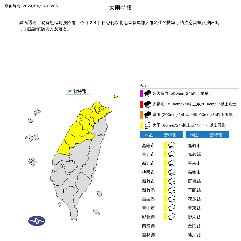 氣象署發布大雨特報，今天上午彰化以北9縣市有局部大雨發生的機率。（氣象署提供）