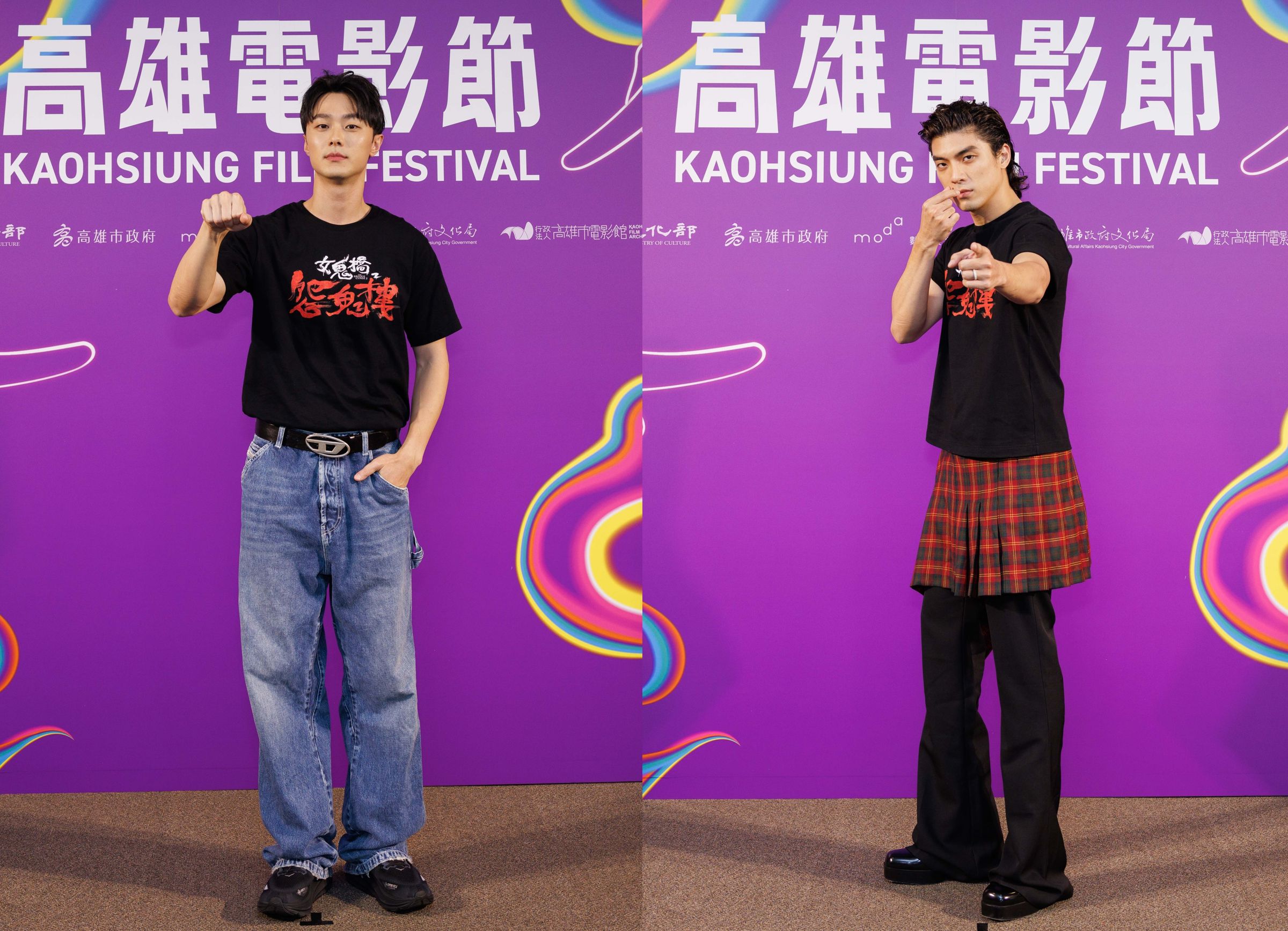 施柏宇與林哲熹吊鋼絲大吃苦頭，不僅要憋尿還差點落枕。（高雄電影節）