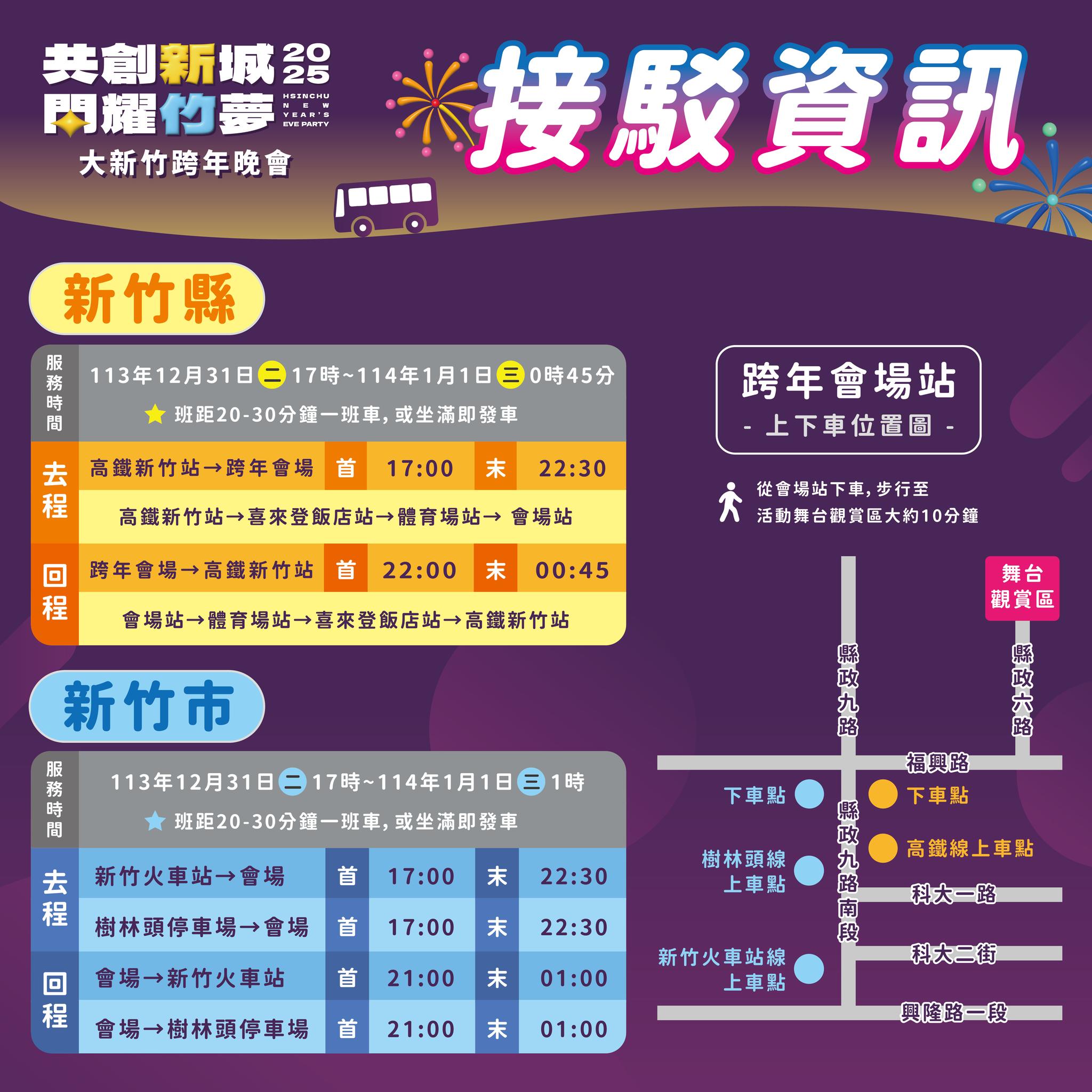 「2025大新竹跨年晚會」活動當天提供免費巡迴接駁車搭乘。