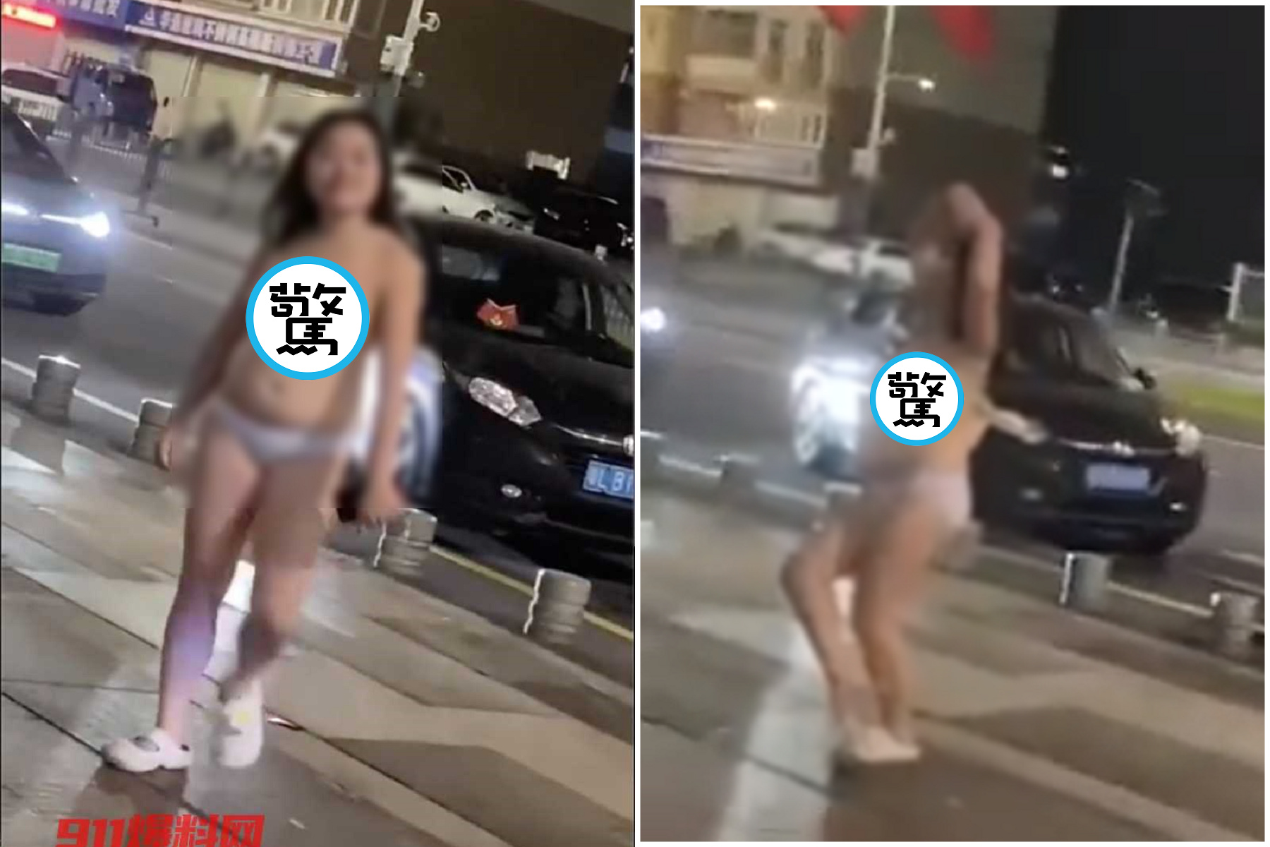 厲害了中國妹子！全裸遊街當走秀比愛心，鄉民圍觀高喊「兄弟們」。（翻自《911爆料網》）