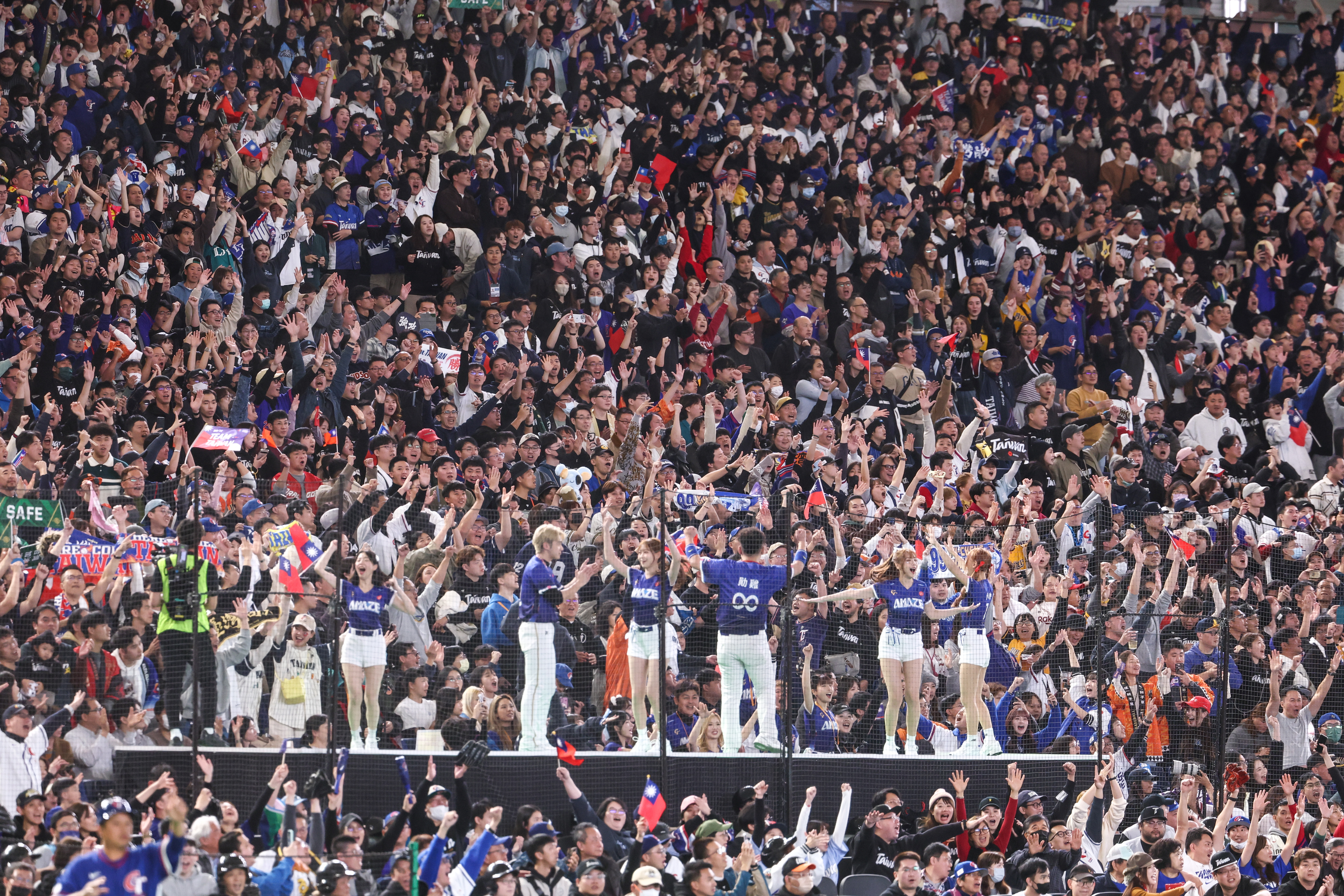 東京巨蛋看台湧入大量台灣球迷，現場宛如台灣隊主場。