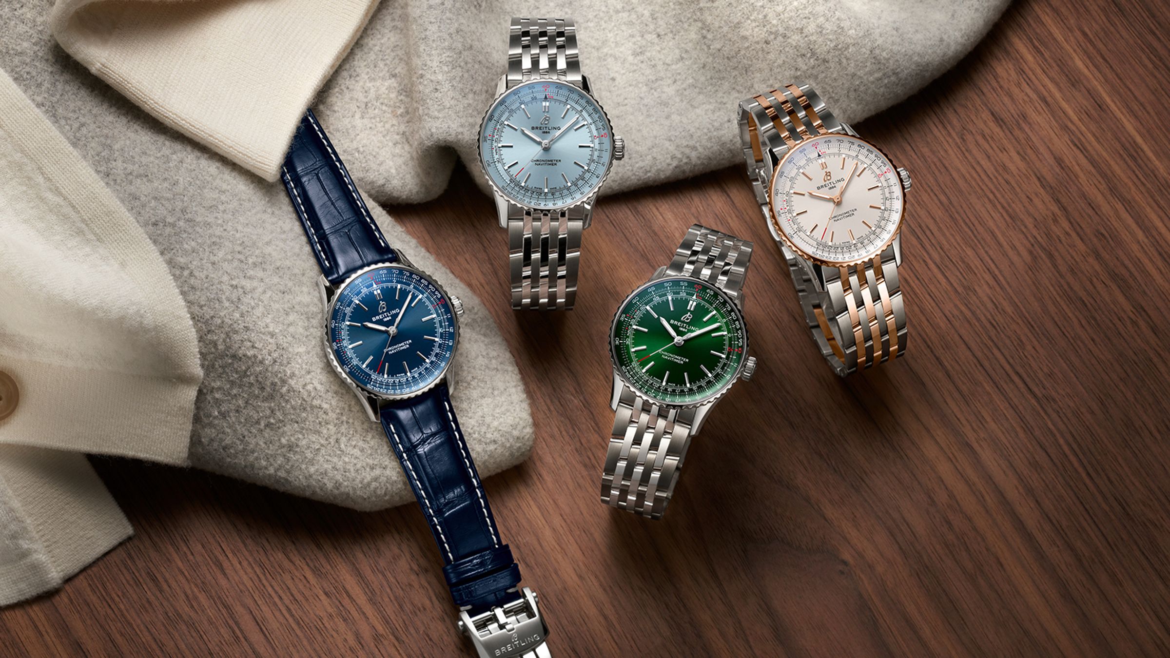 Navitimer Automatic 41|錶徑41mm/時、分、秒指示/百年靈17自動上鍊機芯/防水30米/定價NT$152,000(不鏽鋼皮帶)、NT$160,000(不鏽鋼鍊帶)、NT$287,000(半金鍊帶款)