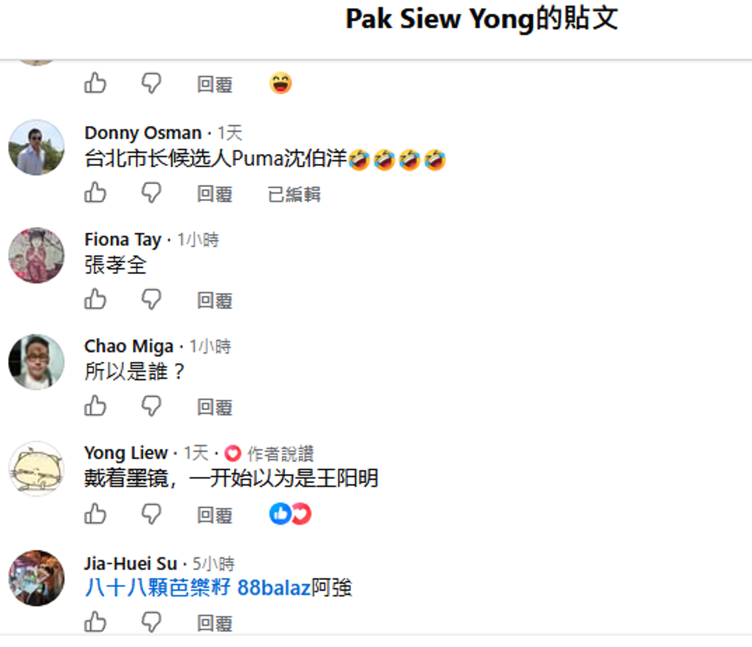 不少人沒認出鬍鬚版張孝全,但認出的也搞笑回答是沈伯洋。(翻攝自Pak Siew Yong 臉書)