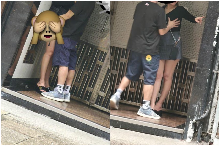 一對男女光天白日下，在尖沙咀某大廈外纏綿。（翻攝自香港論壇）