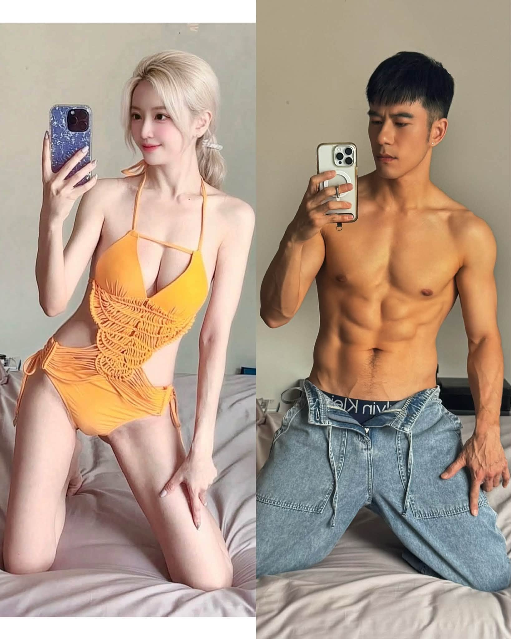 紀言愷分享自己與老婆穿泳衣的身材照。(翻攝自紀言愷臉書)