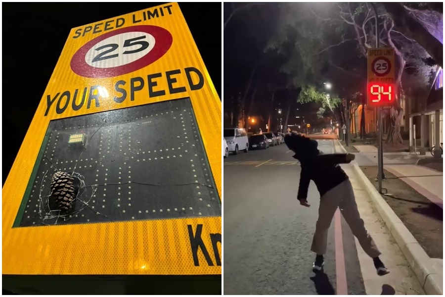 中央大學學生近日在臉書發起「丟松果測時速大賽」，竟有同學飆出94公里，甚至砸壞測速器，事情鬧上媒體版面。（翻攝自臉書）