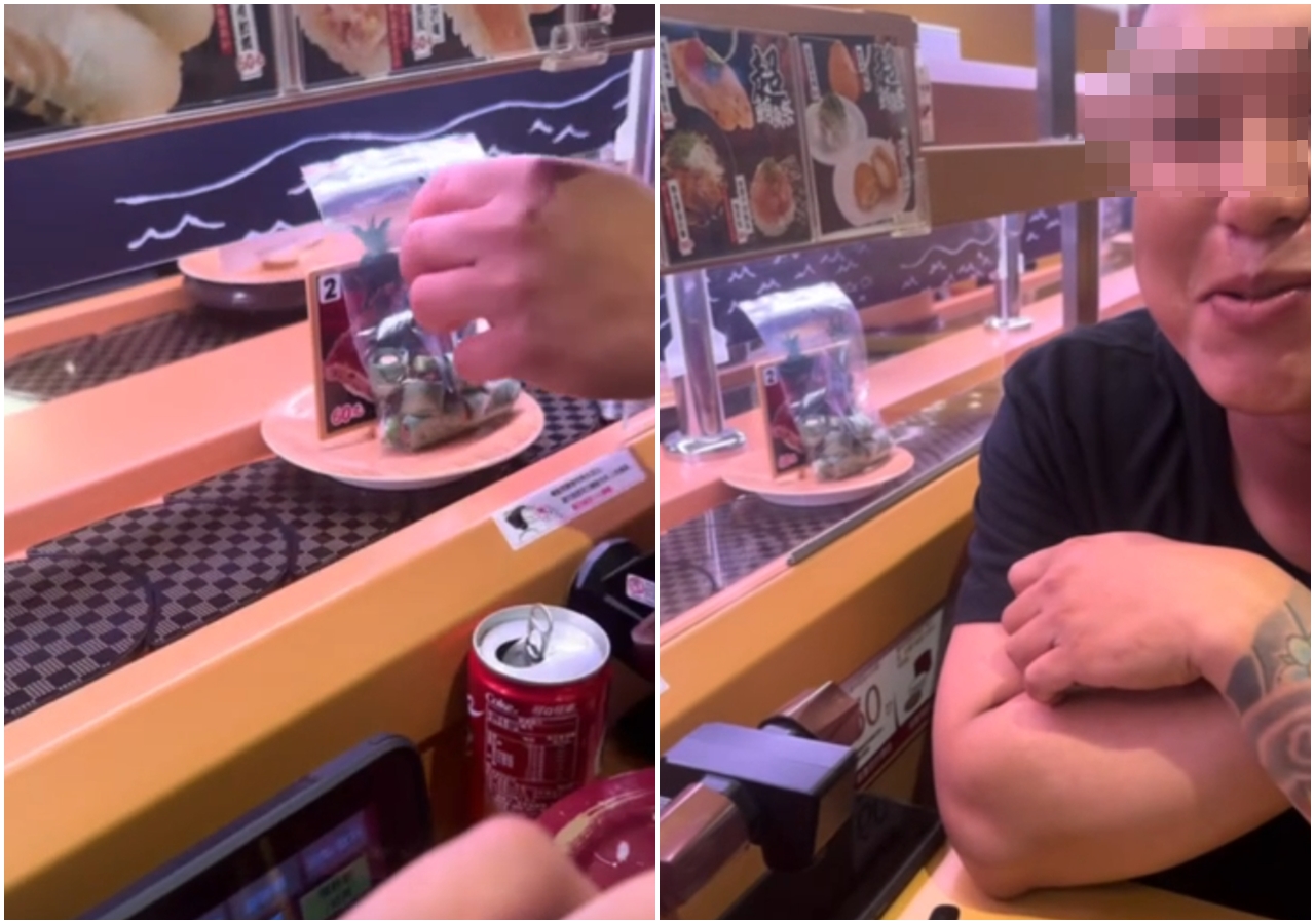 有位刺青男子在用餐時，故意將整袋檳榔放上迴轉台上，還拍下影片上傳至「TikTok」平台。（翻攝自網路）