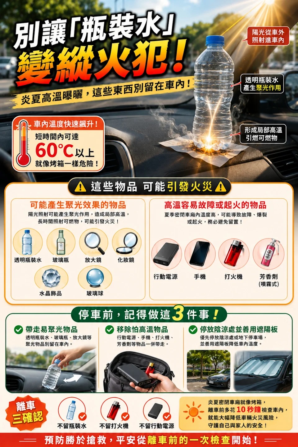 消防局提醒，除了透明瓶裝水之外，玻璃瓶、放大鏡、化妝鏡、水晶飾品、玻璃球等具有聚光效果的物品，都不建議放置於車內。（彰化縣消防局提供）