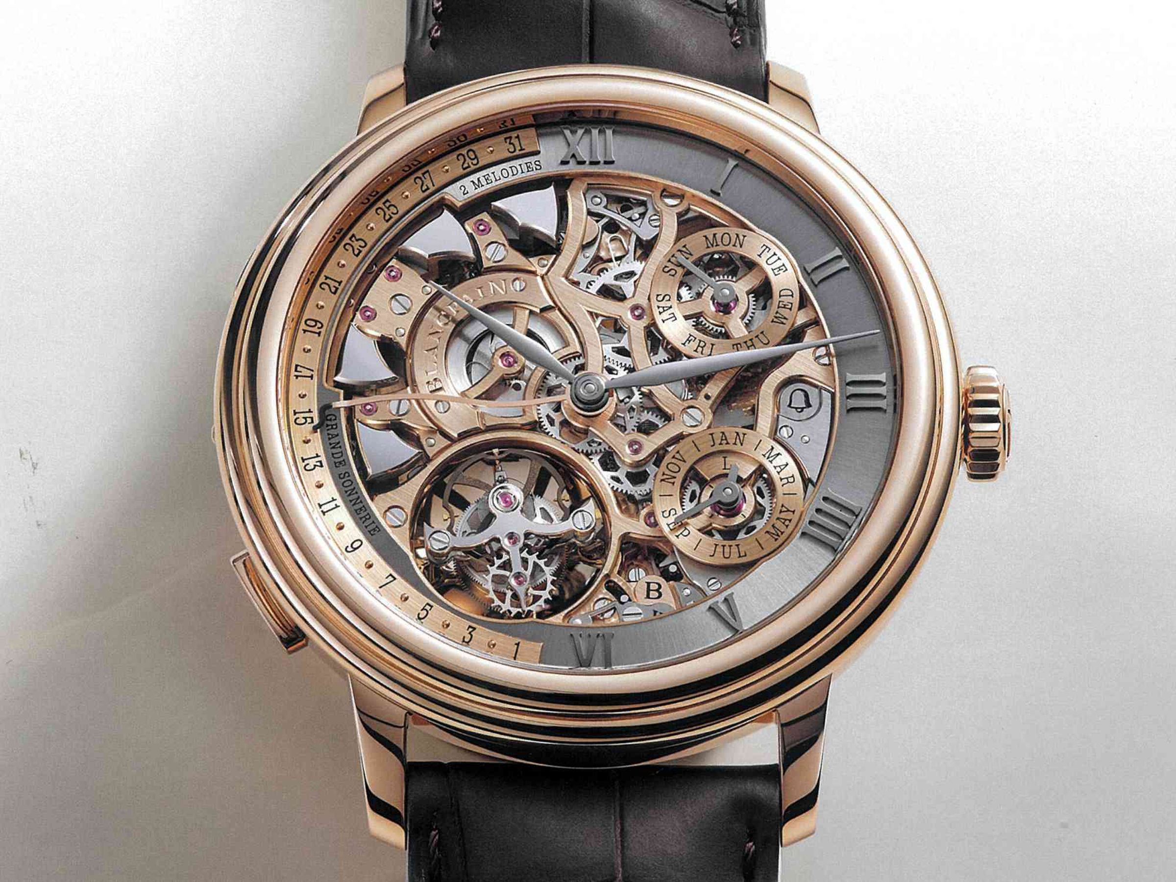 BLANCPAIN Grand Double Sonnerie:這是寶珀為了慶祝品牌創立290週年開發的驚世之作,結合雙旋律大自鳴、三問報時、逆跳萬年曆與偏心式陀飛輪,同時還進行長達5年的聲學研究,把報時的音調、音準與節奏調校到完美境界,更具備導柱輪切換、磁力調速器、黃金振動音膜以及最頂級的修飾工藝。錶徑47毫米,厚度14.5毫米。每年只能生產兩只。功能:時、分指示;大、小自鳴報時;三問報時;飛行陀飛輪;萬年曆;雙動力儲存指示;機芯:手上鏈機芯;價格店洽。
