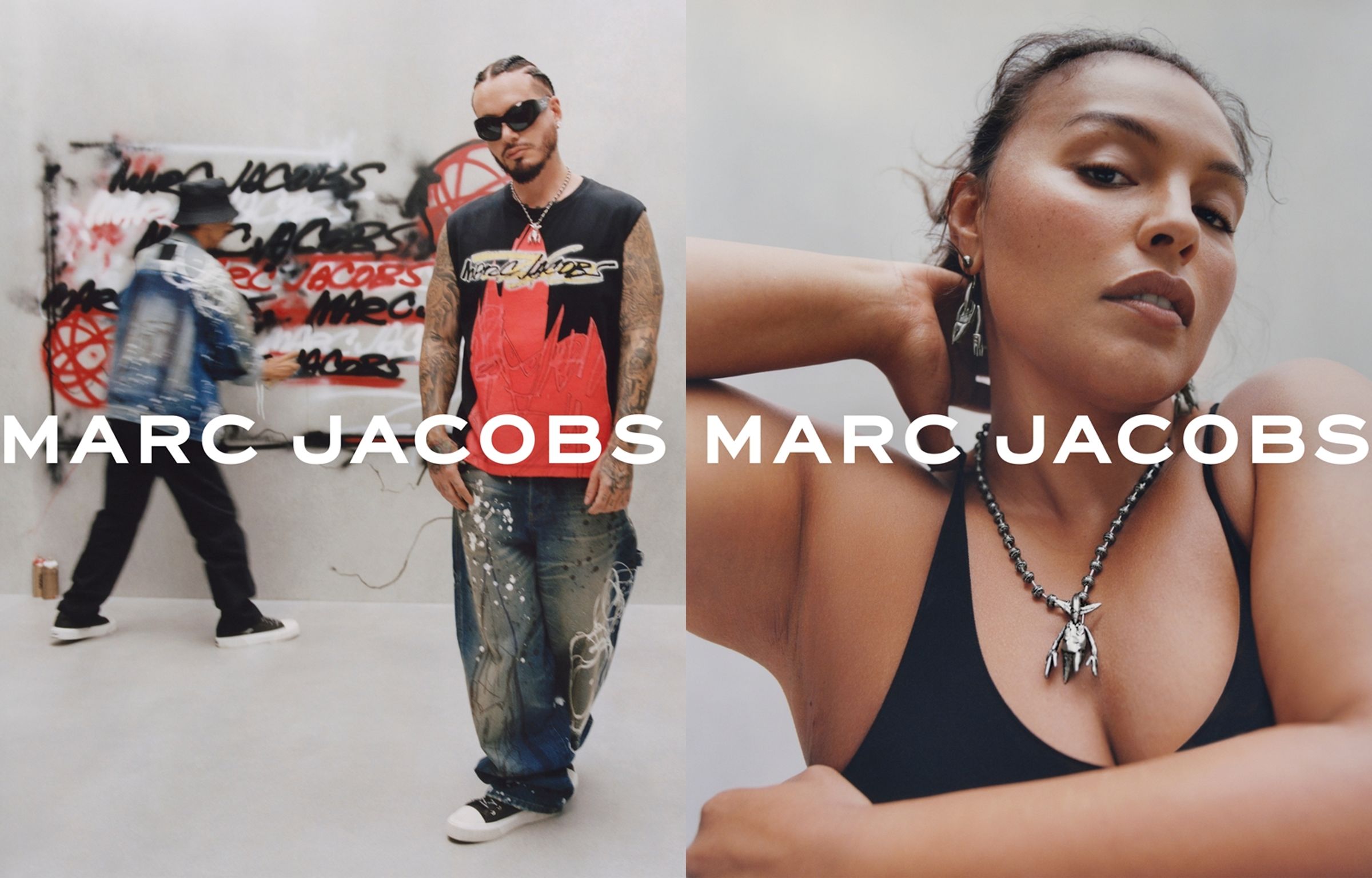 MARC JACOBS X FUTURA限量聯名系列由哥倫比亞雷鬼歌手J Balvin和Futura（圖左後方）參與拍攝。圖右，模特兒Paloma Elsesser身上的飾品是Futura經典圖騰「外星人」。（美之心提供）