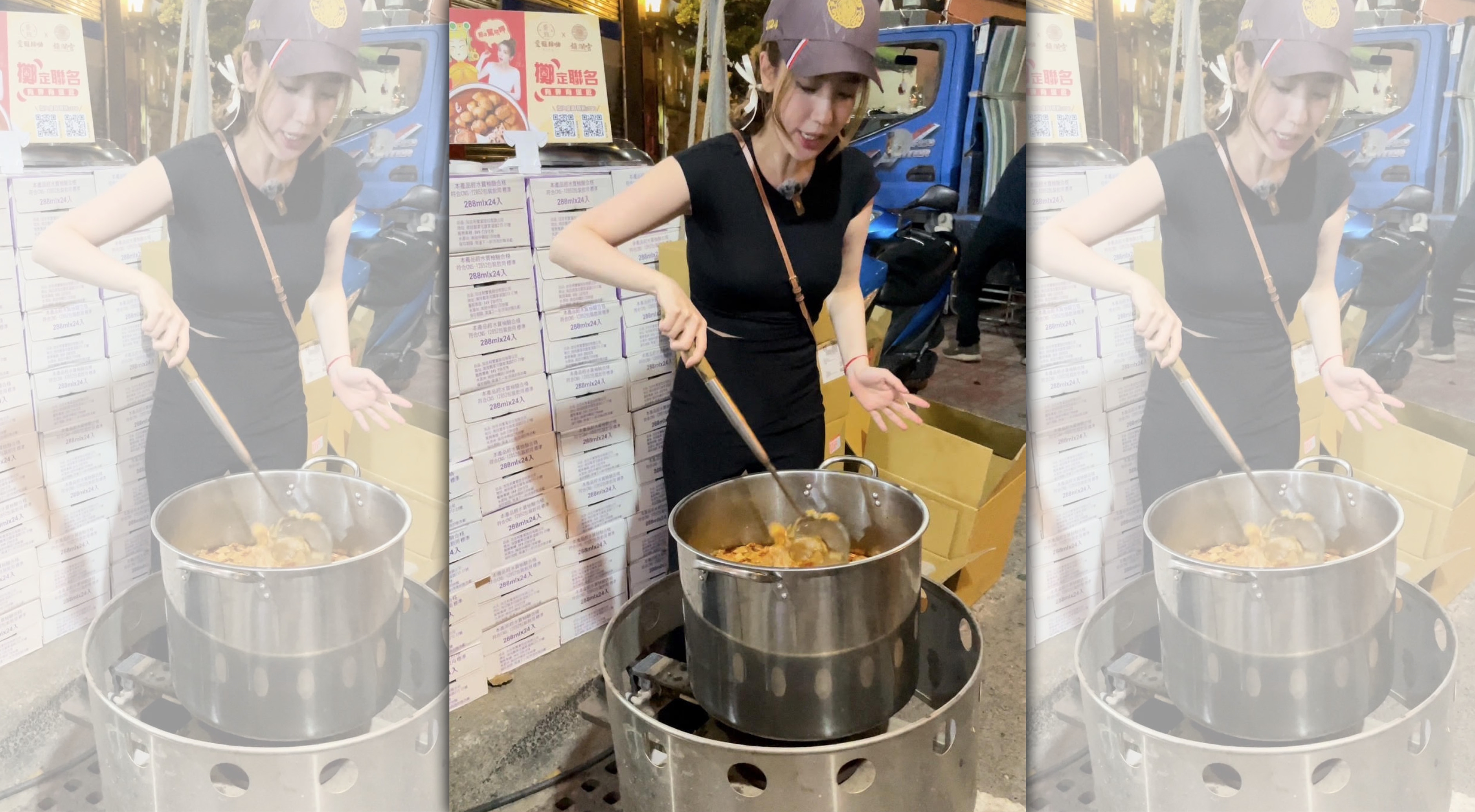 愛雅參加大甲鎮瀾宮媽祖遶境活動，並在現場煮起自創品牌的素食麻辣鍋。（日丞國際提供）