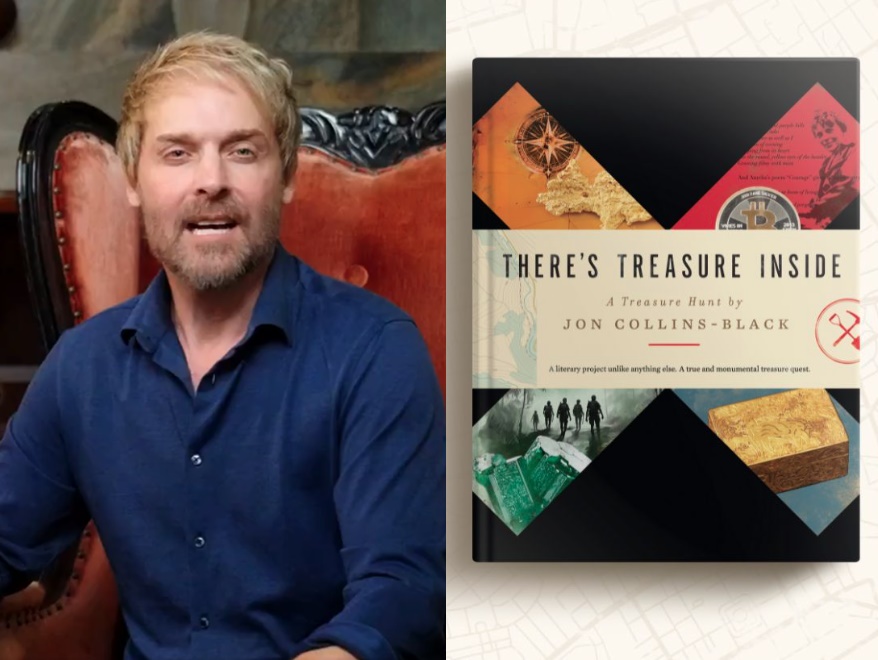 美國作家、比特幣富豪柯林斯布萊克（左）在全國各地藏了5個寶箱，並表示所有挖寶線索都在他的新書《裡面有寶藏》（右）裡。（翻攝X@JonCollinsBlack）