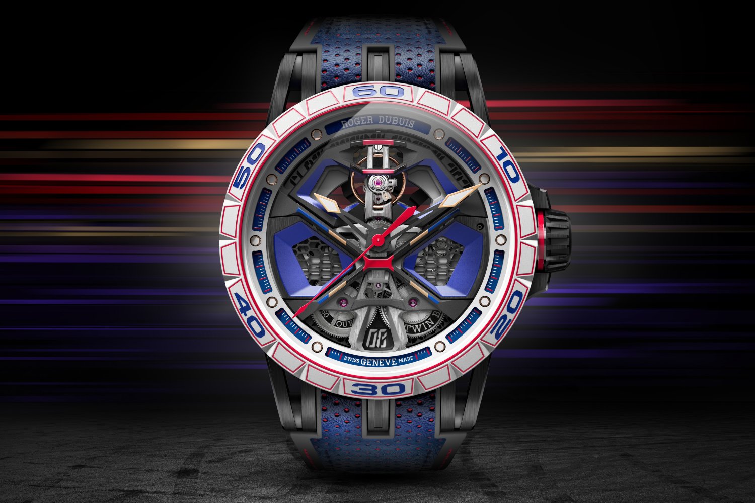 ROGER DUBUIS的「單擺輪」（Monobalancier）腕錶，是品牌錶款系列中的入門基本錶款。圖為品牌最新發表的Excalibur Spider Huracán Monobalancier王者競速系列Huracán單擺輪腕錶，設計取材自林寶堅尼賽車部門於80、90年代左右傳奇賽車的車色塗裝。定價約NT$2,075,000，全球限量88只。
