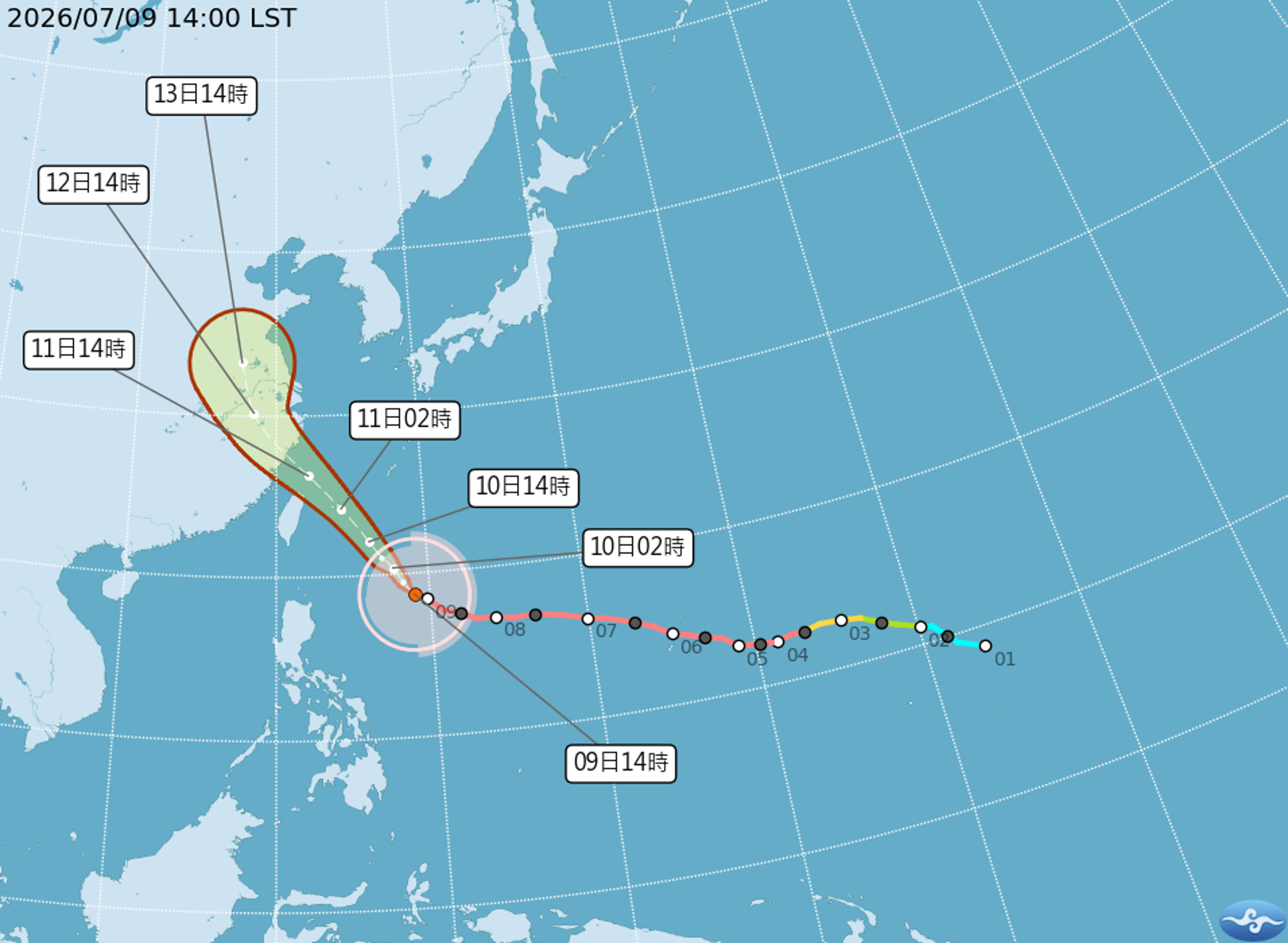 巴威颱風預測路徑,挾帶七級風,暴風半徑達380公里,預計於明日影響台灣。(取自中央氣象署)